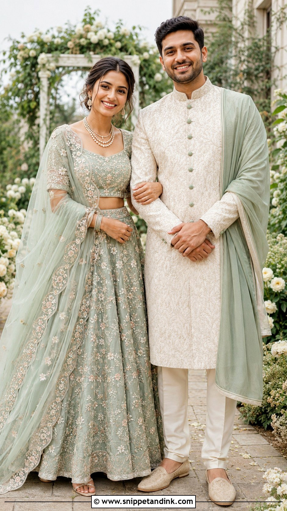 Sage Green Lehenga And Ivory Sherwani Couple Outfit - Snippet and Ink - 20 Indian Wedding Couple Outfits