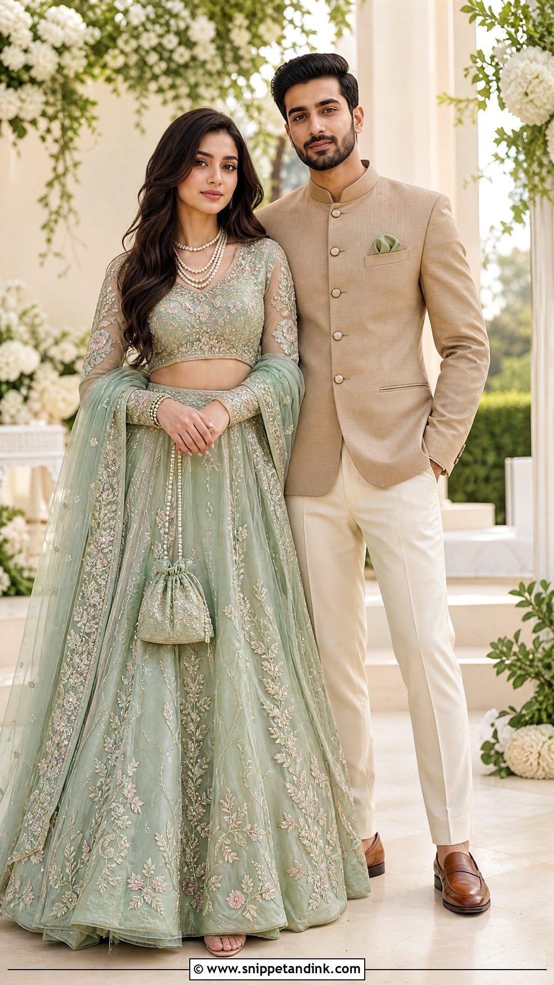 Sage Green Lehenga And Tan Bandhgala - Snippet and Ink - 20 Ring Ceremony Couple Dress Ideas