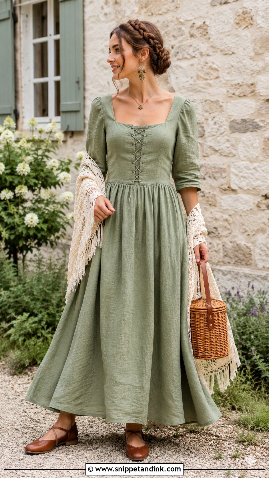 Sage Green Linen Cottage Core Gown - Snippet and Ink - 20 Cottage Core Gown Ideas