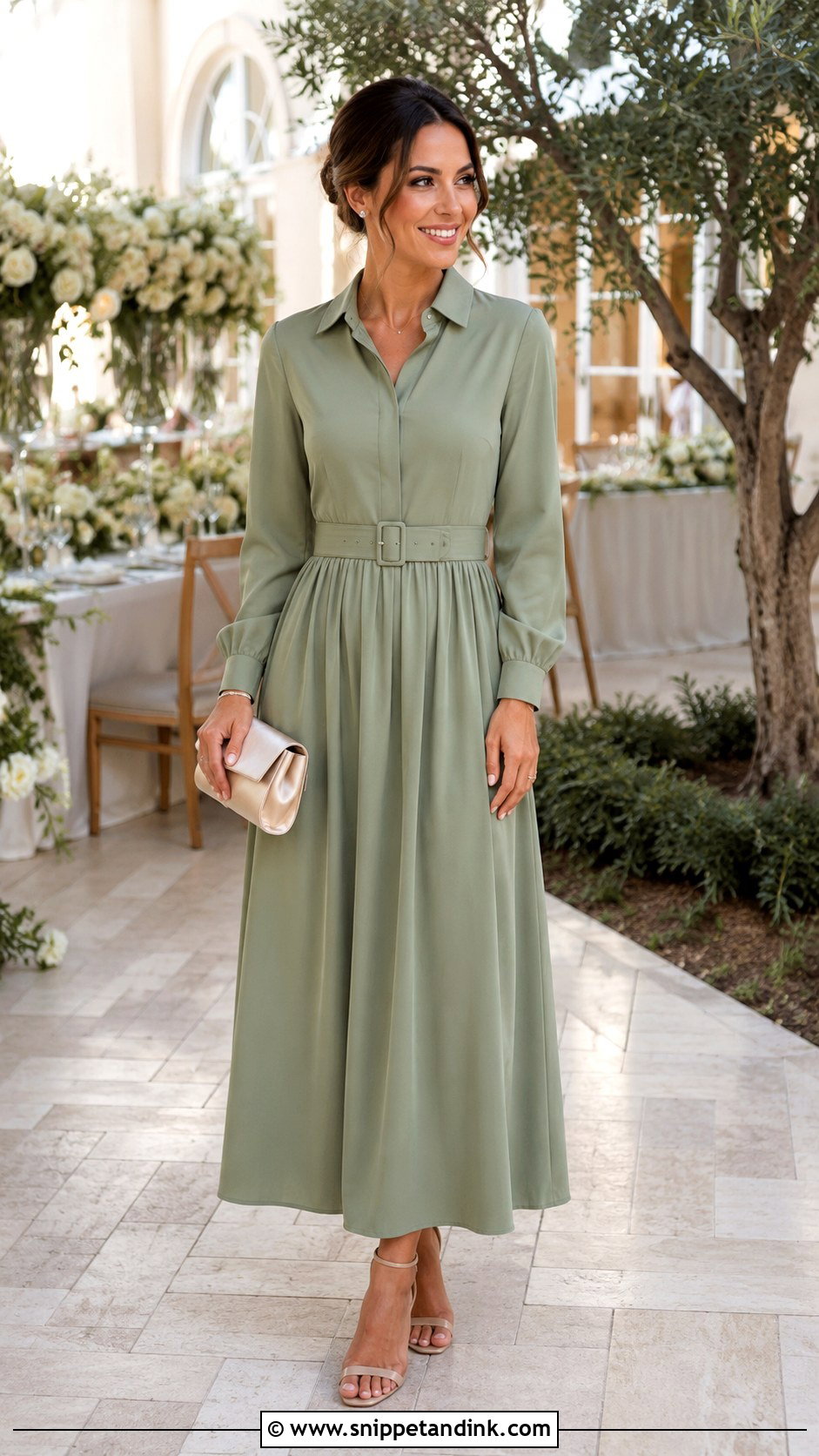 Sage Green Long Shirt Dress With Champagne Accessories - Snippet and Ink - 20 Long Shirt Dress for Wedding Ideas