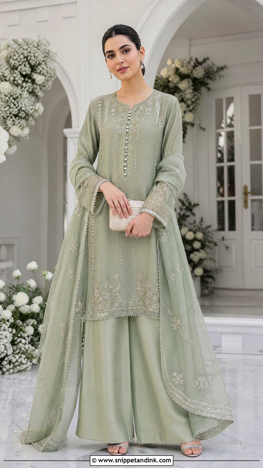 Sage Green Long Shirt With Wide Leg Pants - Snippet and Ink - 25 Pakistani Long Shirt Wedding Dress Ideas