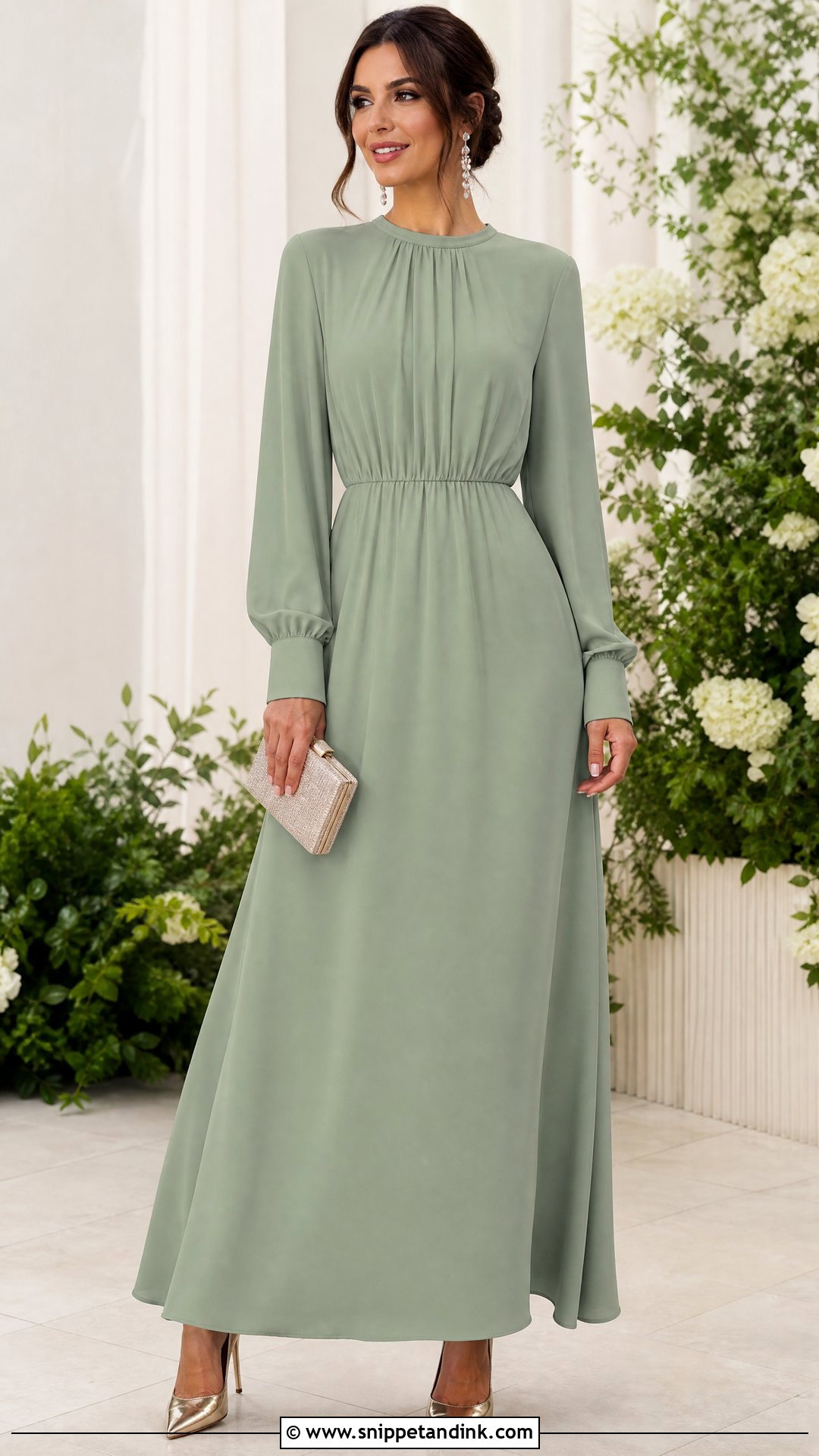 Sage Green Long Sleeve Crepe Maxi Dress Wedding Outfit - Snippet and Ink - 20 Sage Green Wedding Outfit Ideas