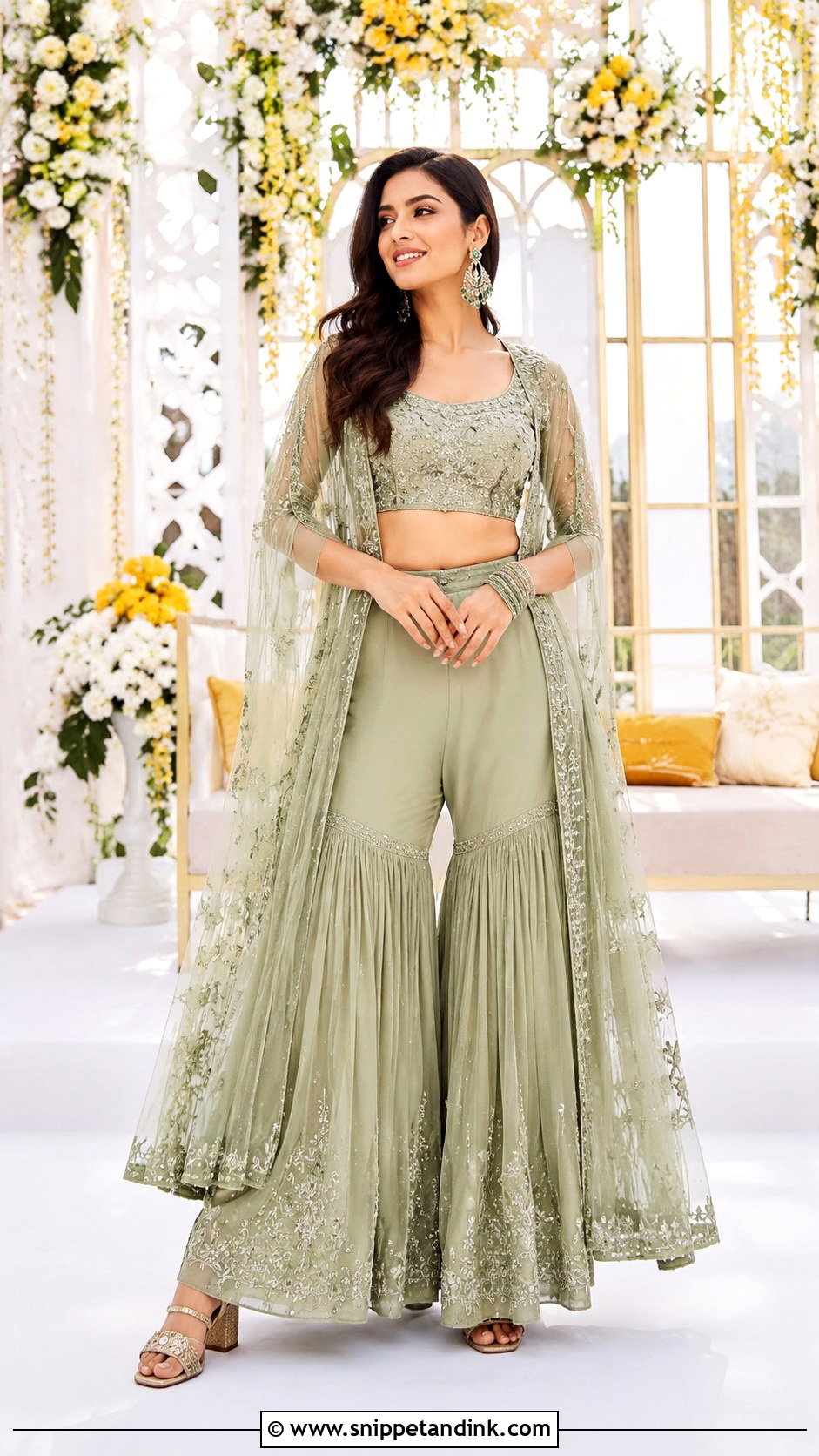 Sage Green Mehndi Sharara With Cape - Snippet and Ink - 25 Mehndi Sharara Outfit Ideas