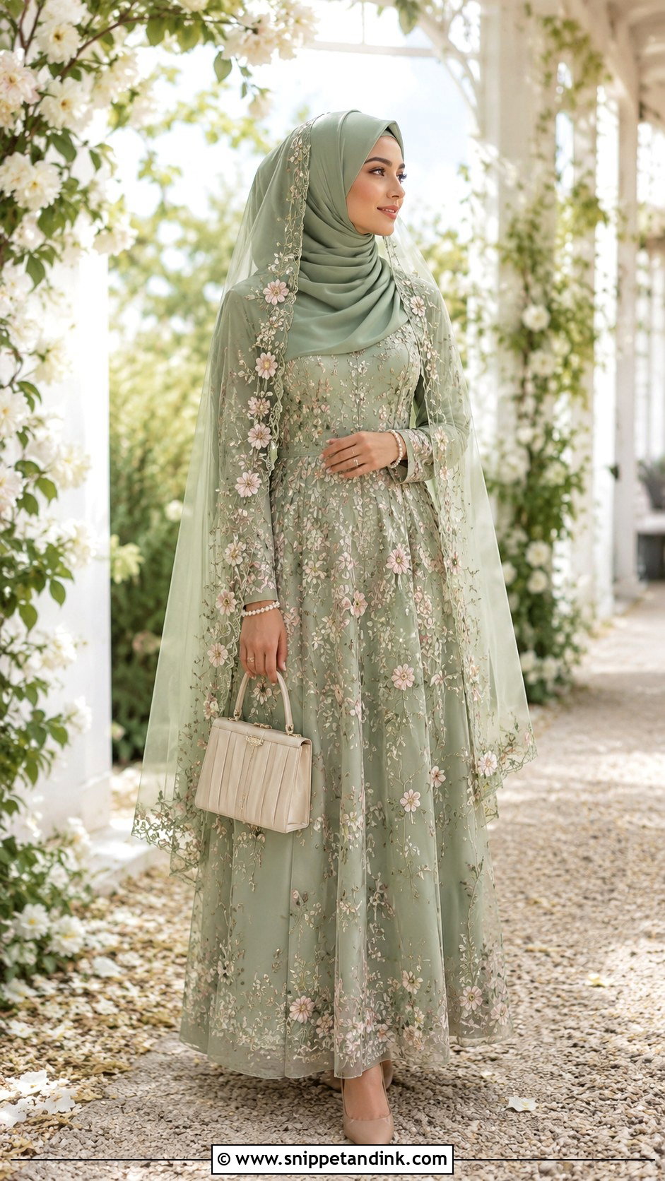 Sage Green Nikah Hijab With Floral Dress - Snippet and Ink - 20 Nikah Hijab Style Ideas