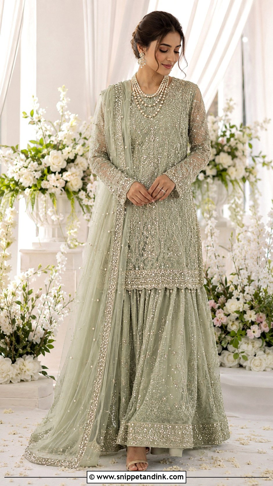 Sage Green Nikah Lehenga With Pearl Work - Snippet and Ink - 25 Pakistani Nikah Bridal Wear Ideas