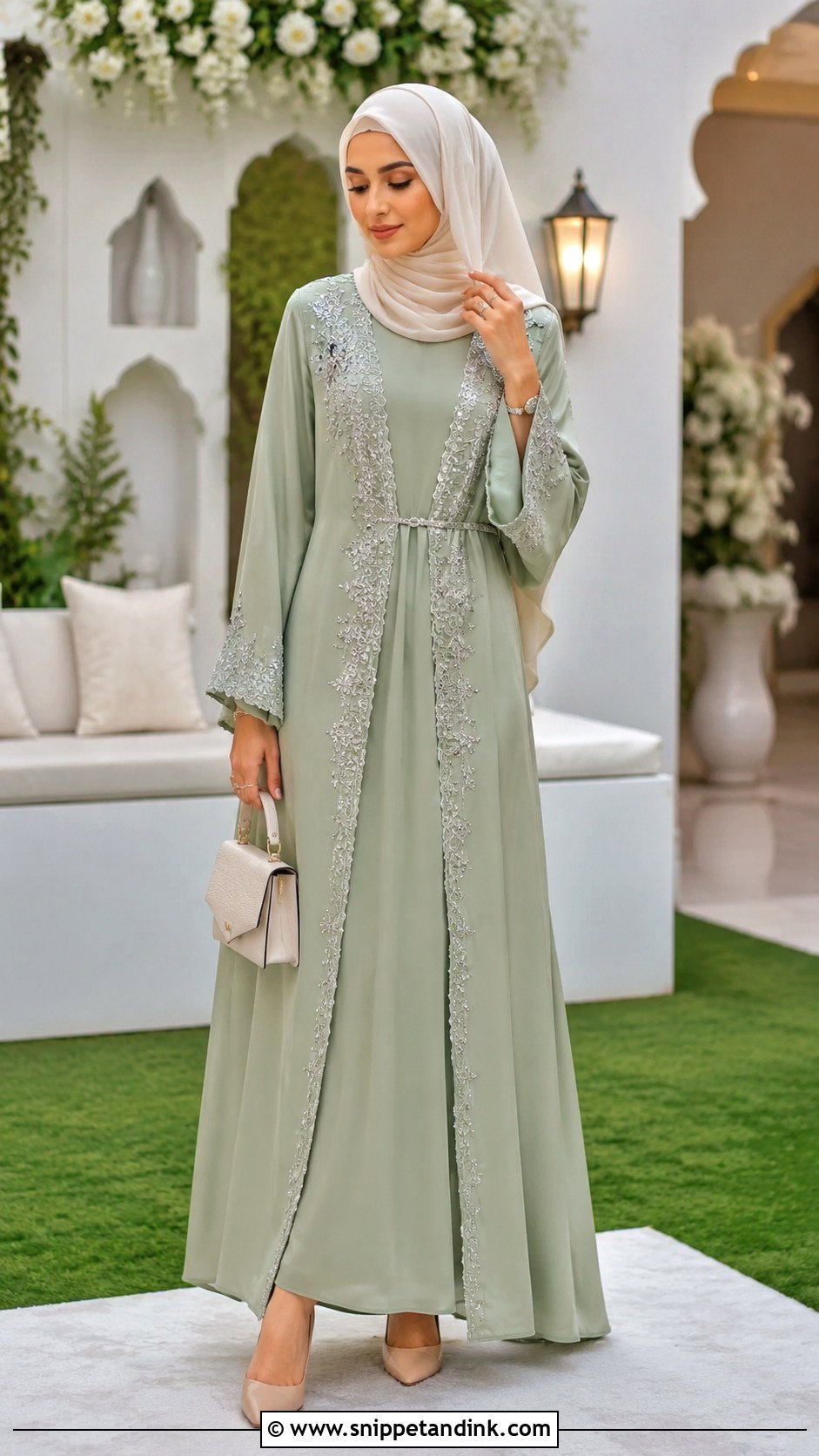 Sage Green Nikkah Abaya - Snippet and Ink - 30 Islamic Nikkah Outfit Ideas