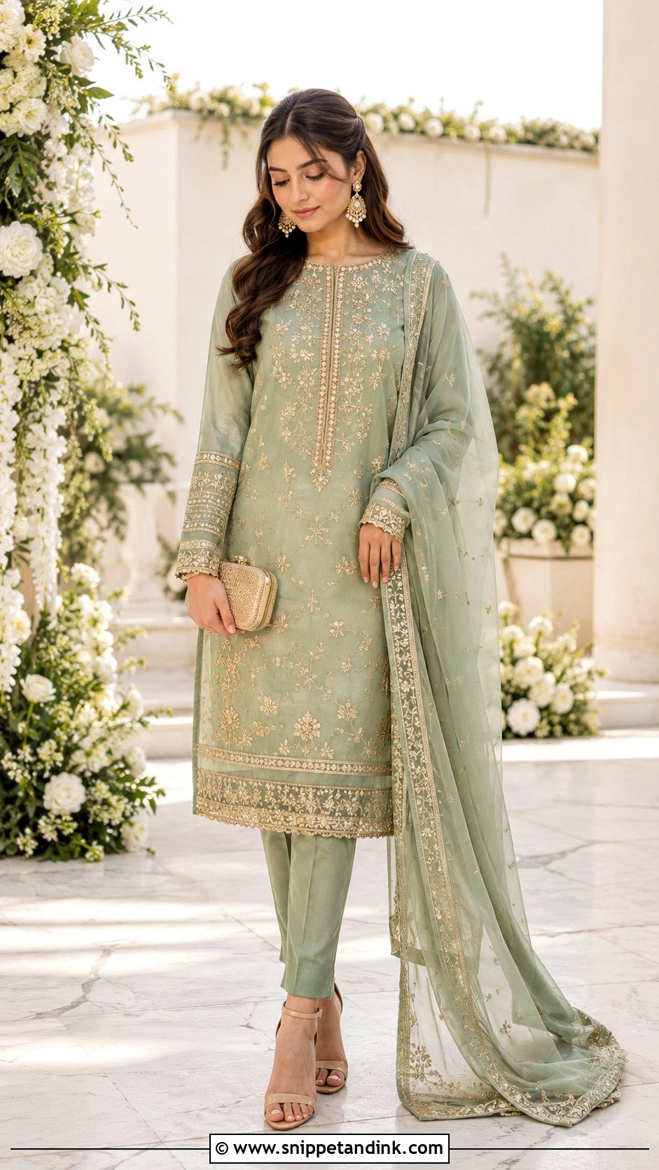 Sage Green Nikkah Dress With Gold Details - Snippet and Ink - 25 Simple Nikkah Dress Ideas