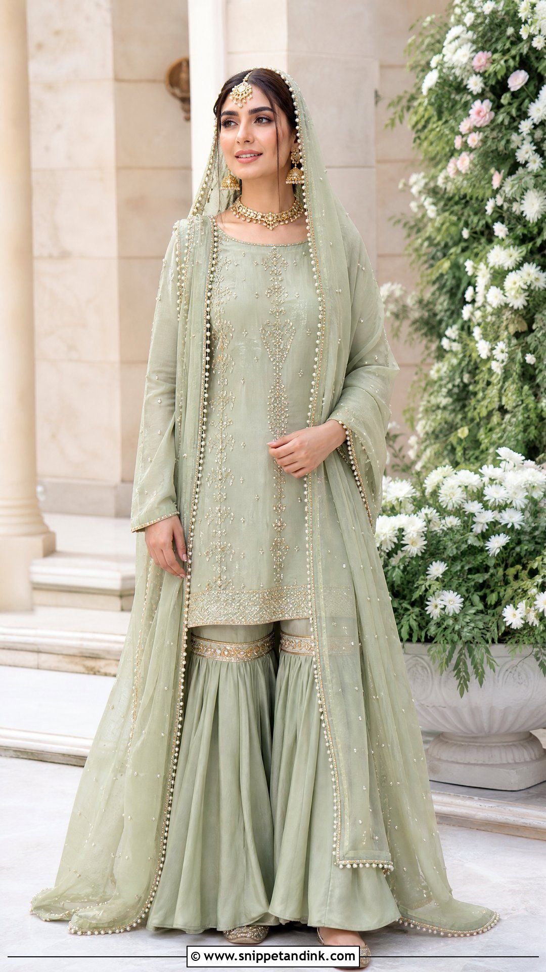 Sage Green Nikkah Garara With Pearl Dupatta - Snippet and Ink - 20 Nikkah Garara Ideas