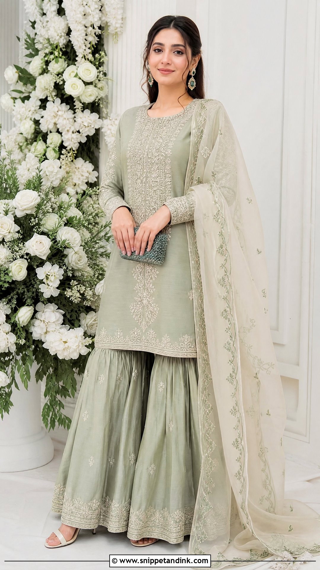Sage Green Nikkah Gharara With Ivory Dupatta - Snippet and Ink - 20 Nikkah Gharara Outfit Ideas