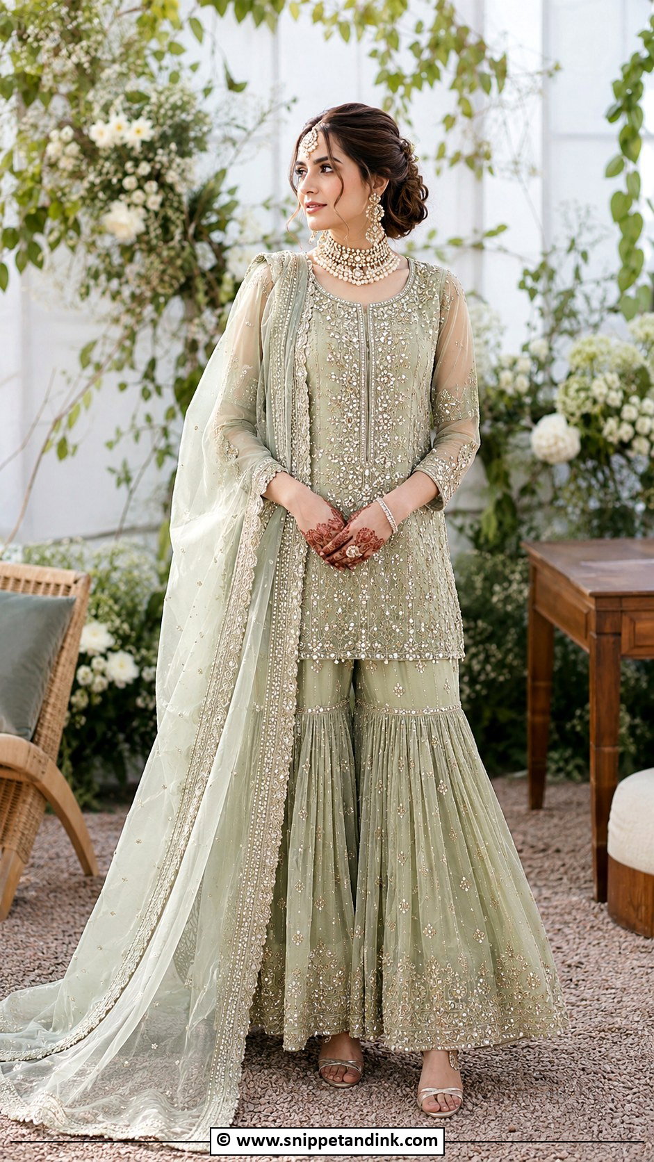 Sage Green Nikkah Gharara With Pearl Work - Snippet and Ink - 30 Pakistani Nikkah Dress Ideas