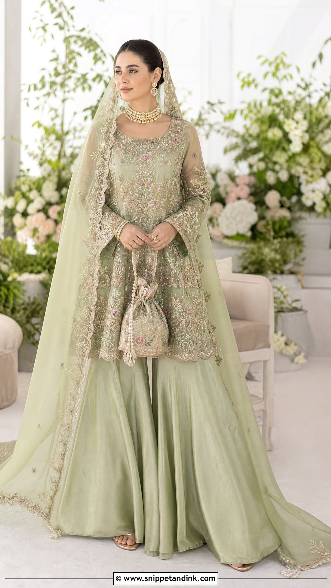 Sage Green Nikkah Sharara With Floral Details - Snippet and Ink - 20 Nikkah Sharara Ideas