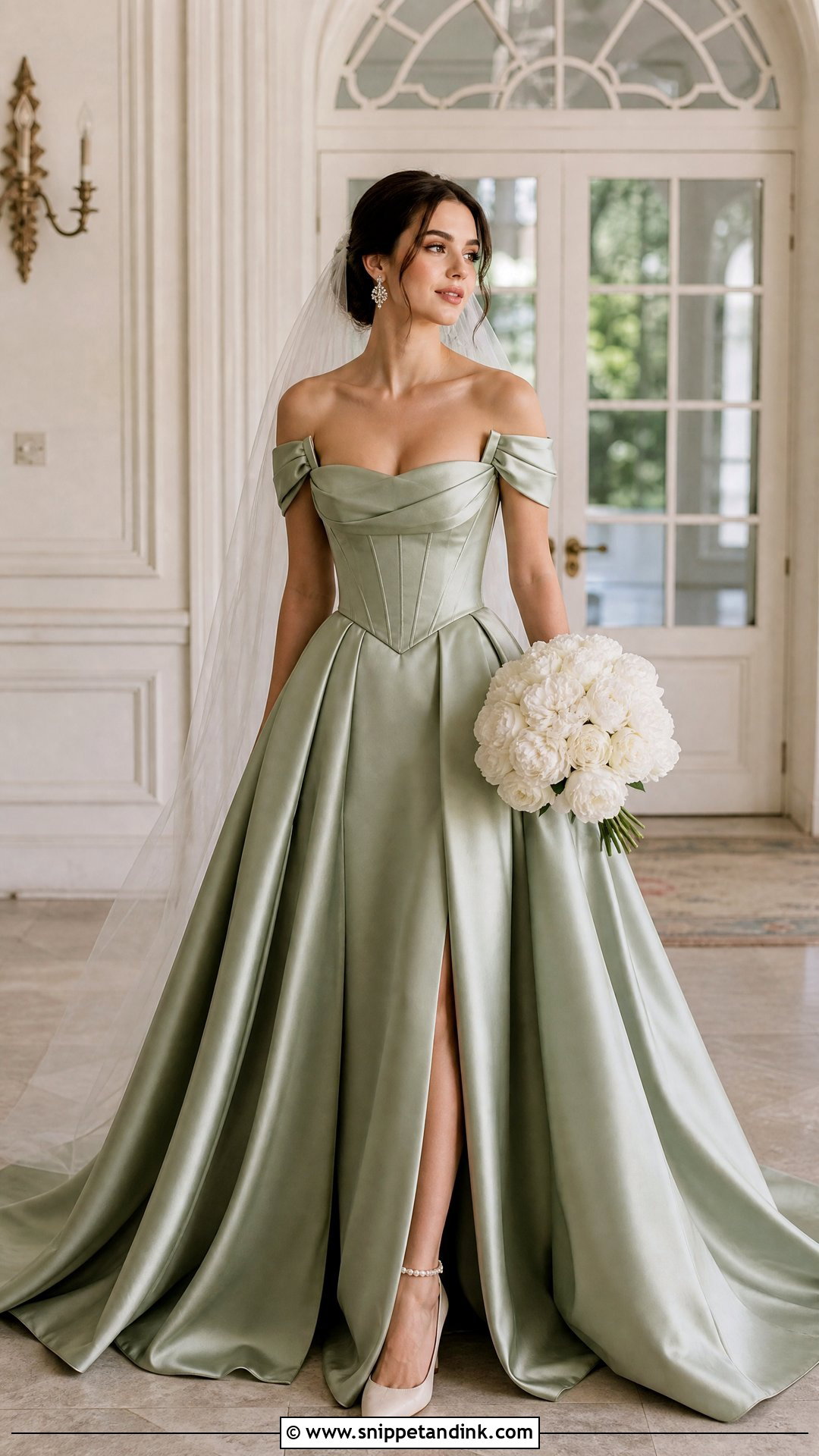 Sage Green Off Shoulder Corset Wedding Dress - Snippet and Ink - 20 Pastel Green Wedding Dress Ideas