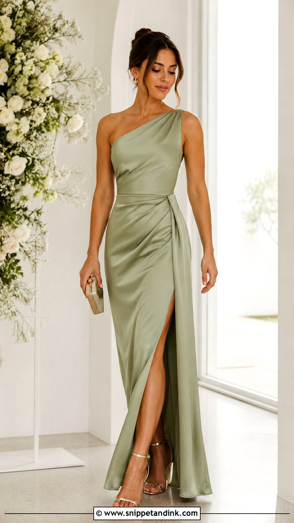 Sage Green One Shoulder Wedding Dress Outfit - Snippet and Ink - 30 Sage Green Wedding Dress Ideas