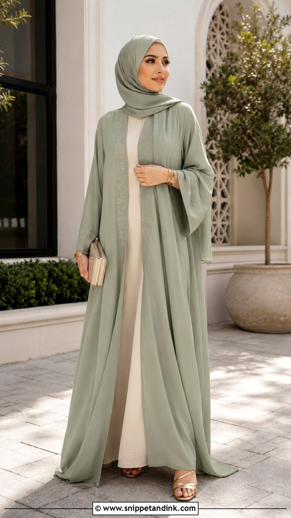 Sage Green Open Abaya Outfit - Snippet and Ink - 30 Eid Mubarak Outfit Ideas