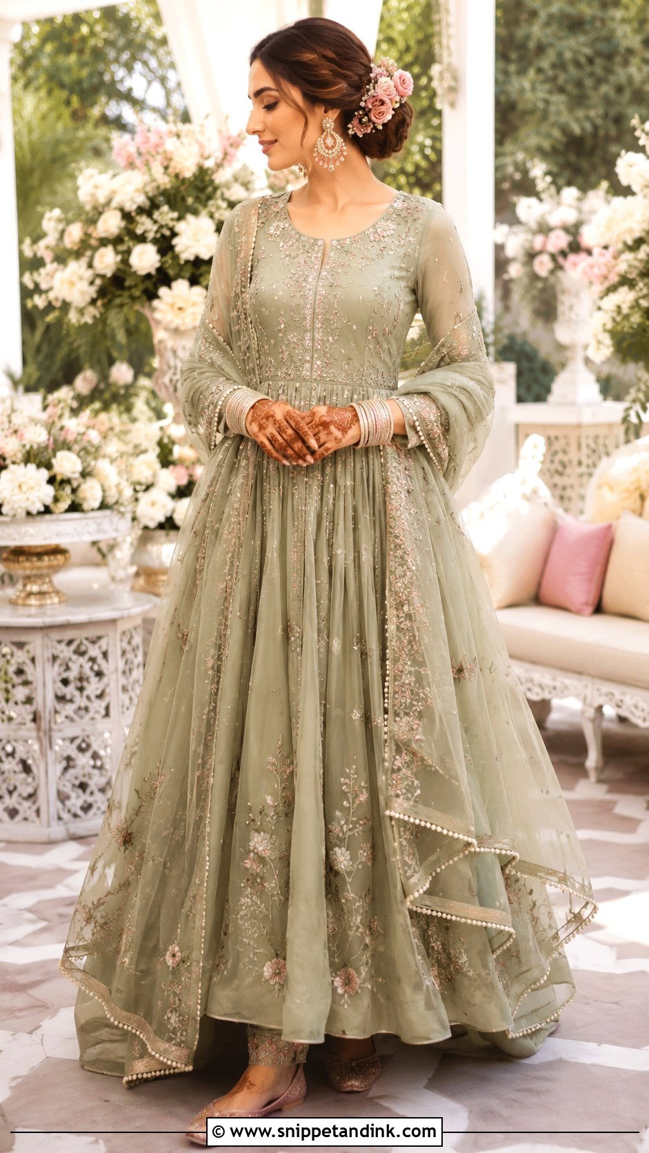 Sage Green Organza Bridal Mehndi Anarkali - Snippet and Ink - 20 Green Bridal Mehndi Outfit Ideas