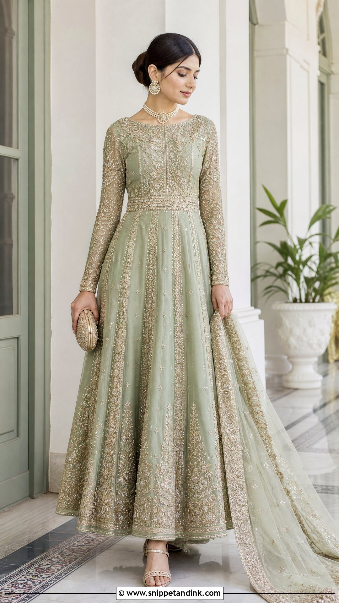 Sage Green Pakistani Walima Bridal Pishwas - Snippet and Ink - 20 Pakistani Walima Bridal Dresses
