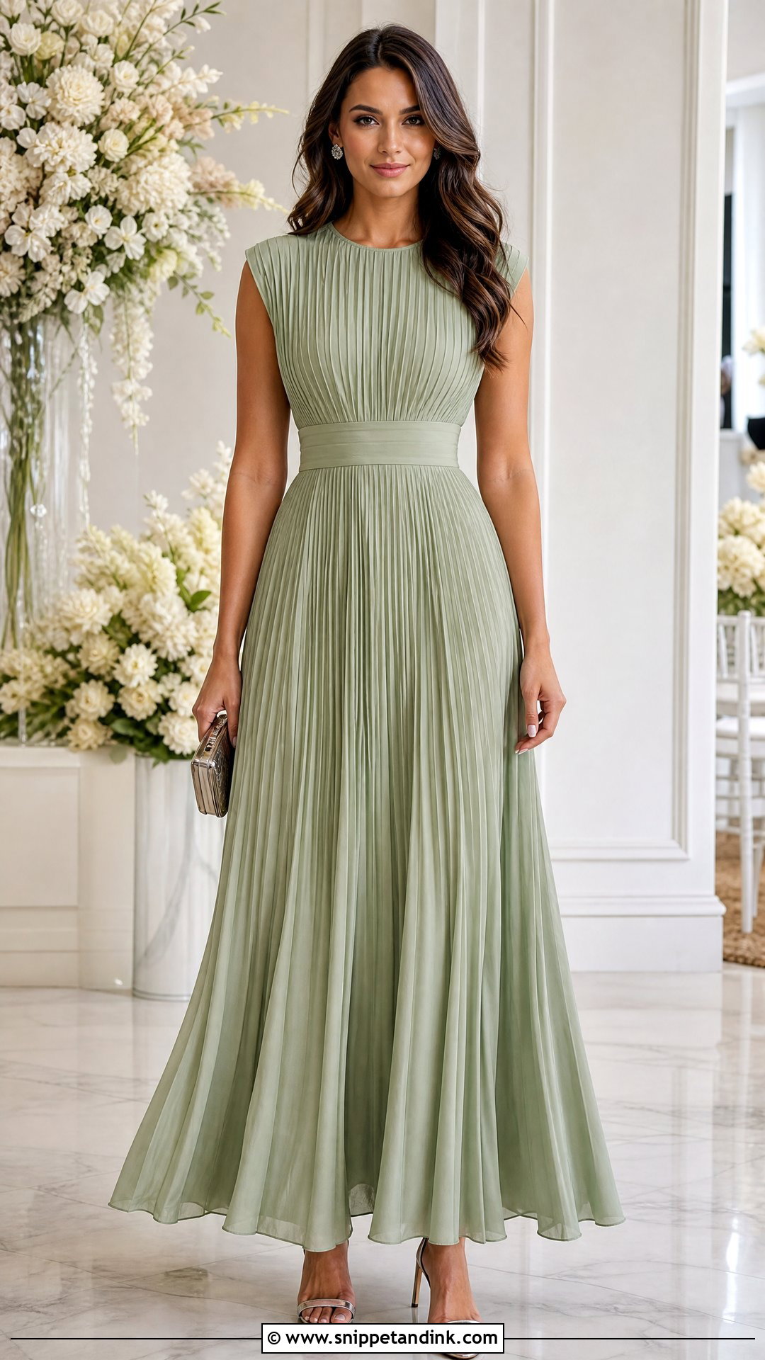 Sage Green Pleated Maxi Dress Wedding Outfit - Snippet and Ink - 20 Sage Green Wedding Outfit Ideas