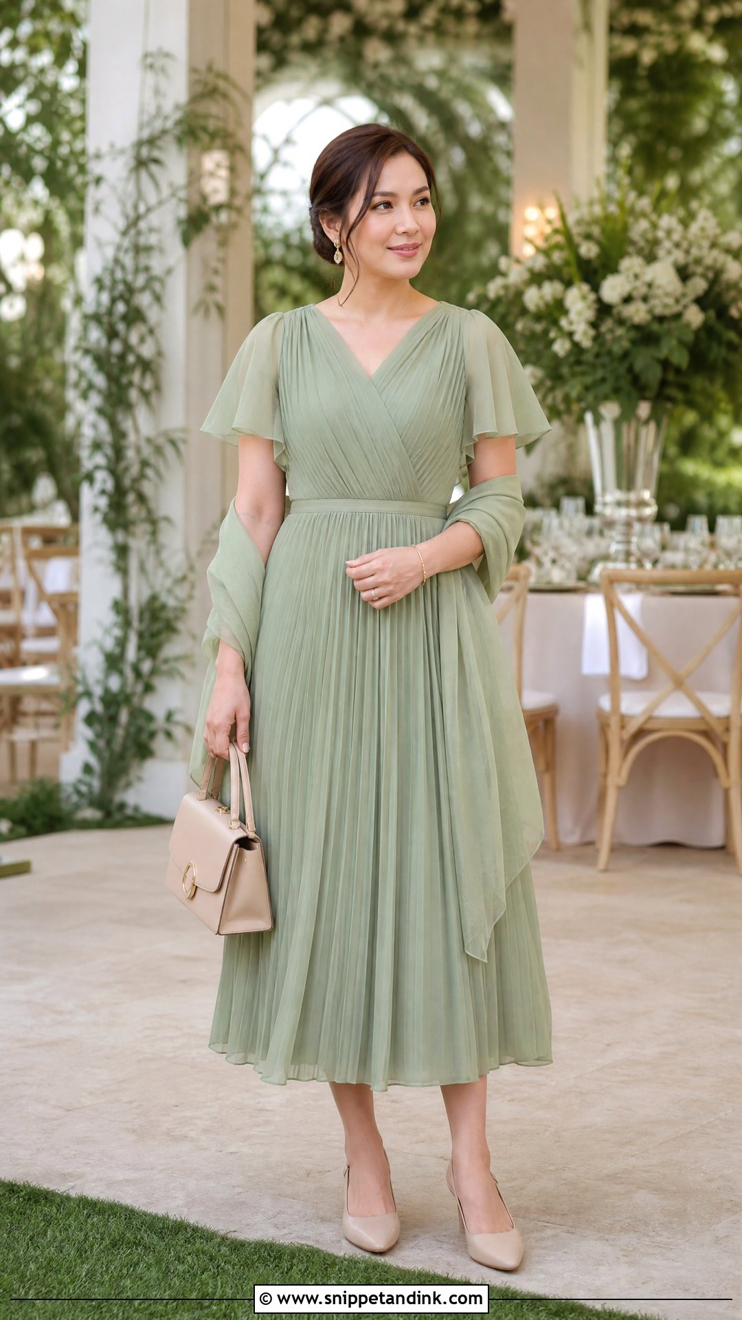 Sage Green Pleated Ninang Midi Dress - Snippet and Ink - 20 Ninang Outfit for Wedding Ideas