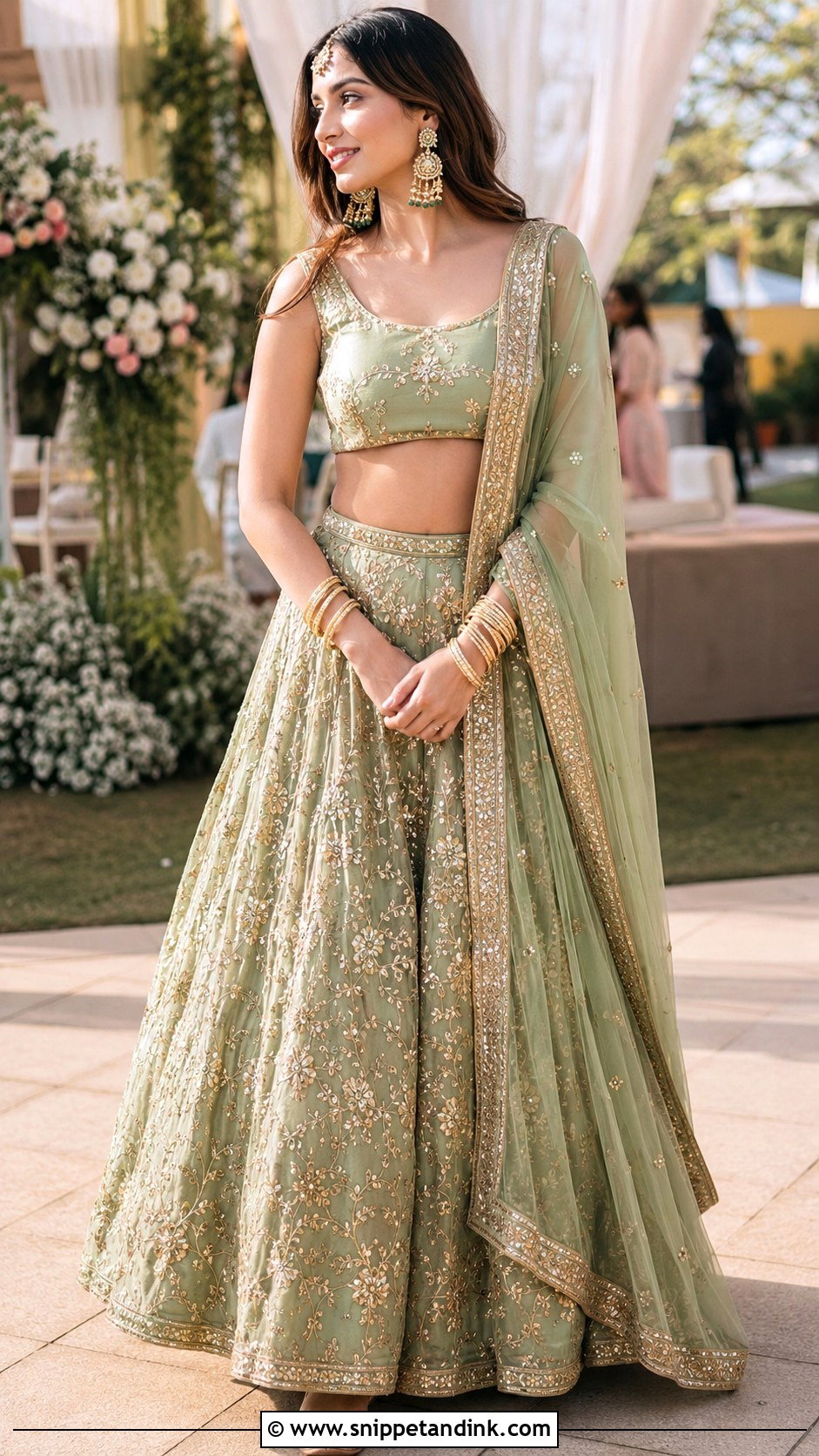 Sage Green Punjabi Wedding Lengha With Gold Embroidery - Snippet and Ink - 25 Punjabi Wedding Lengha Ideas