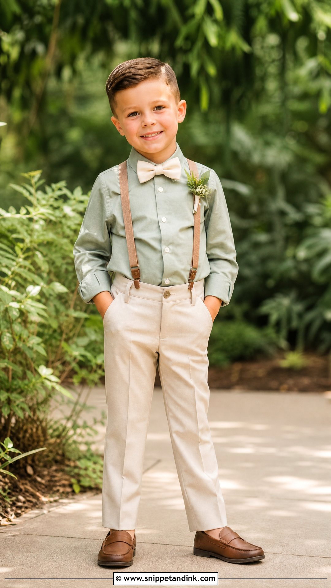 Sage Green Ring Bearer Shirt With Beige Pants - Snippet and Ink - 20 Ring Bearer Shirt Ideas