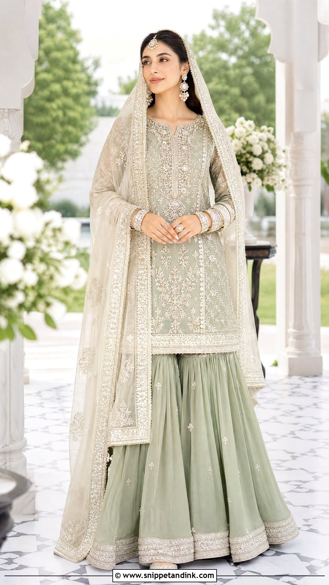 Sage Green Sharara Nikah Dress With Ivory Embroidery - Snippet and Ink - 20 Pakistani Bridal Nikah Dress Ideas