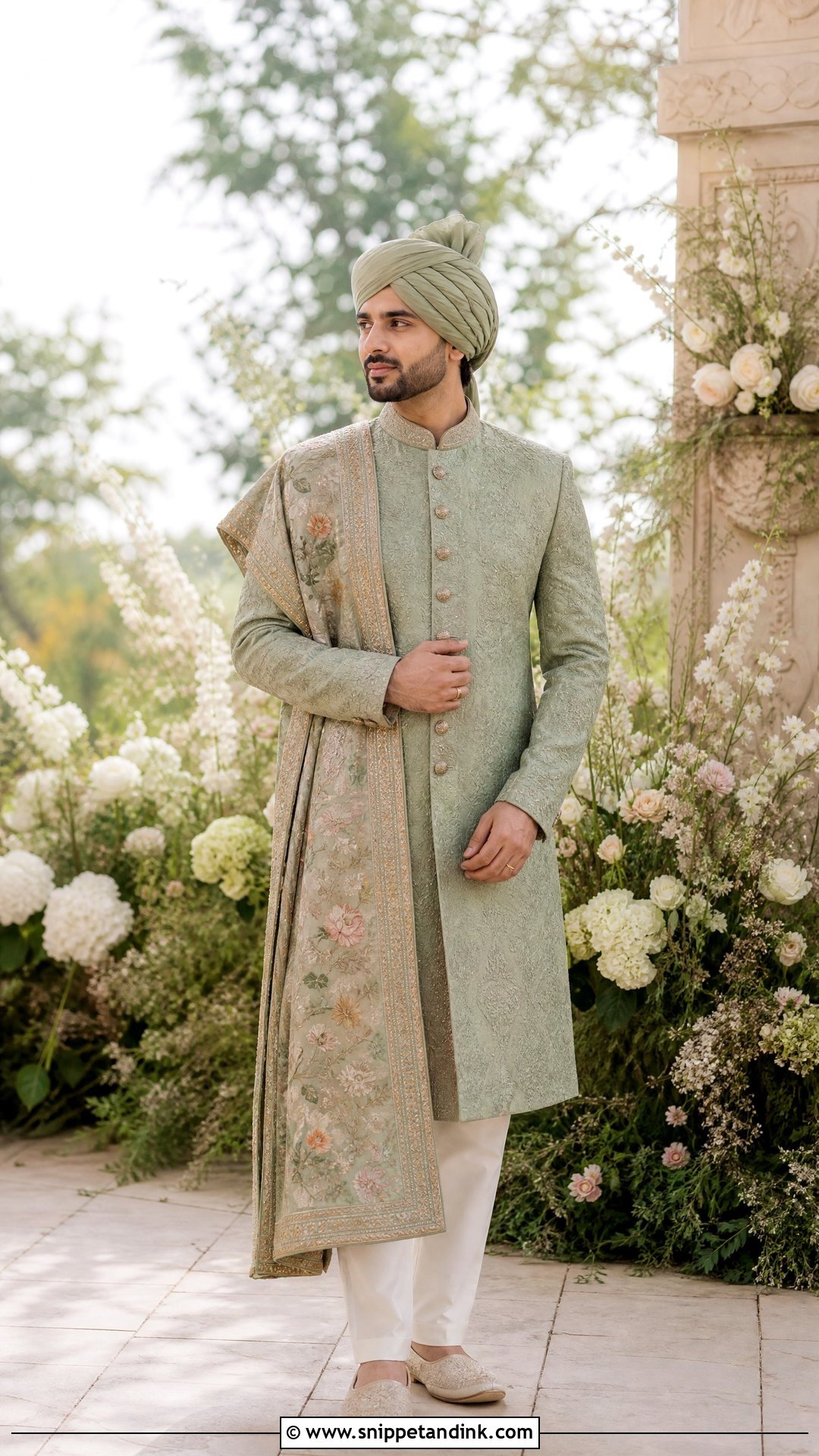 Sage Green Sherwani With Floral Stole - Snippet and Ink - 20 Sherwani Wedding Ideas