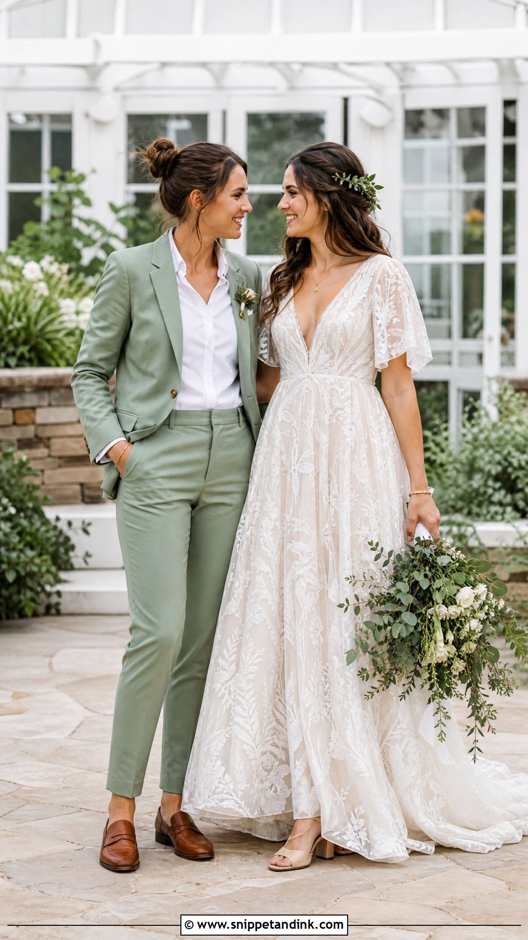 Sage Green Suit And Boho Wedding Dress - Snippet and Ink - 20 WLW Wedding Suit and Dress Ideas