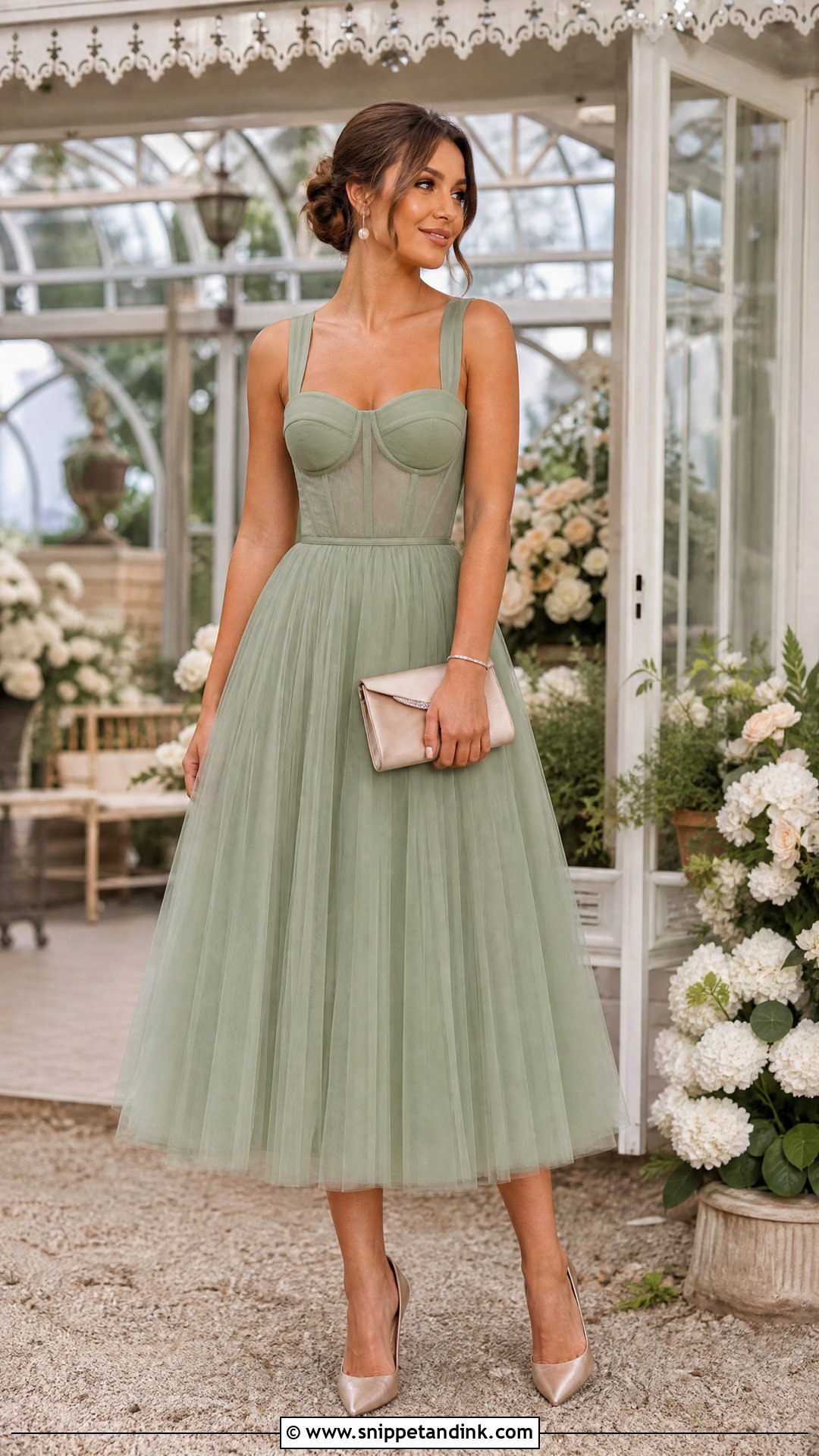 Sage Green Tea Length Tulle Dress Wedding Outfit - Snippet and Ink - 20 Sage Green Wedding Outfit Ideas