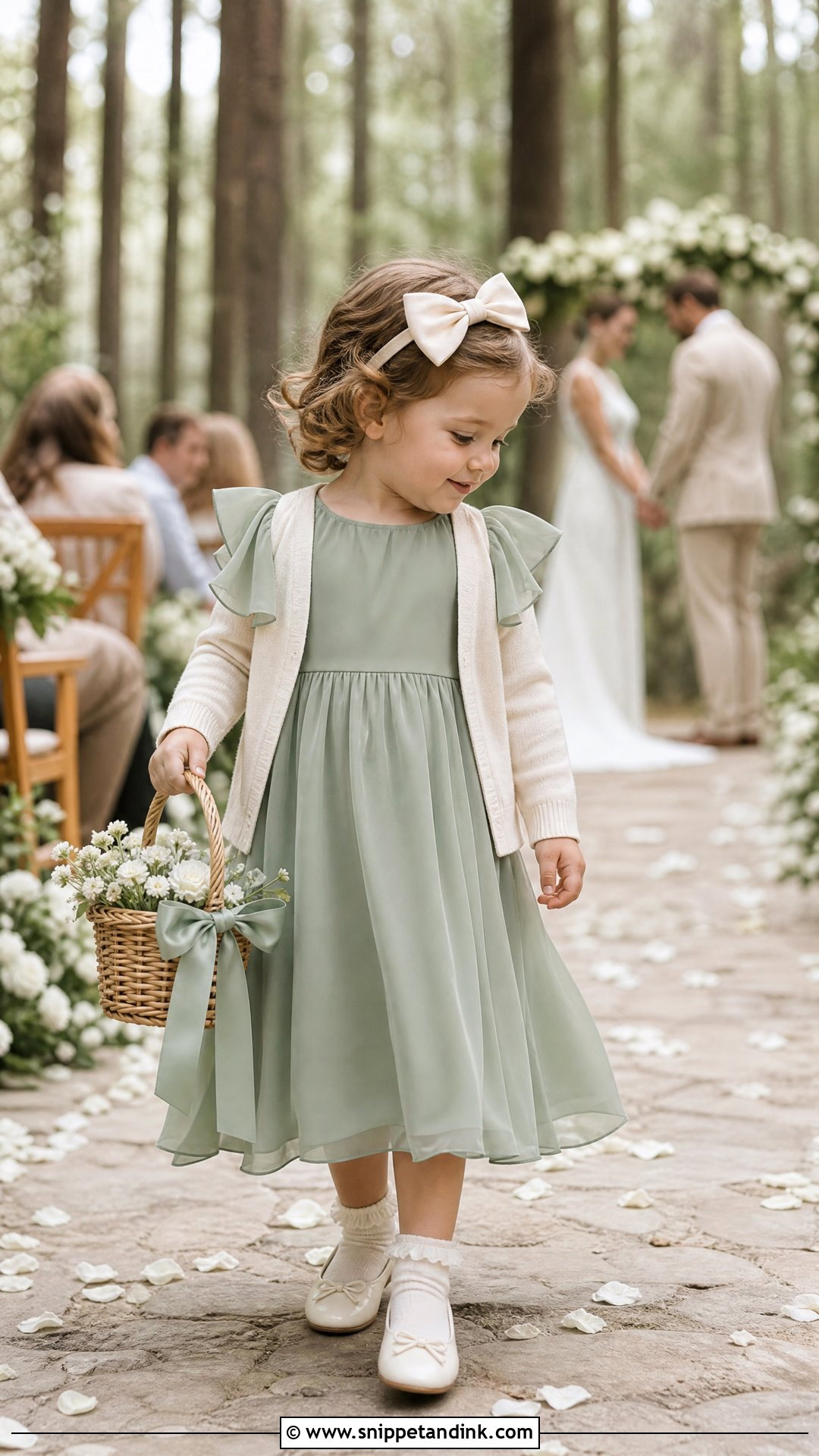 Sage Green Toddler Wedding Dress With Cream Accessories - Snippet and Ink - 20 Toddler Wedding Dress Ideas