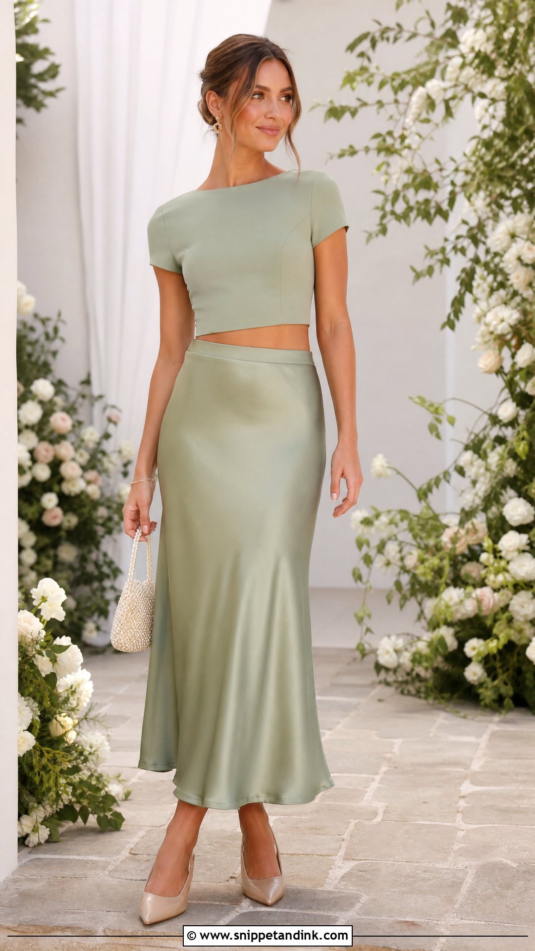 Sage Green Two Piece Skirt Set Wedding Outfit - Snippet and Ink - 20 Sage Green Wedding Outfit Ideas