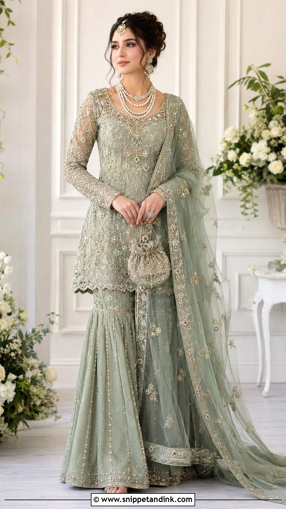Sage Green Valima Gharara Dress - Snippet and Ink - 25 Valima Dress for Bride Ideas