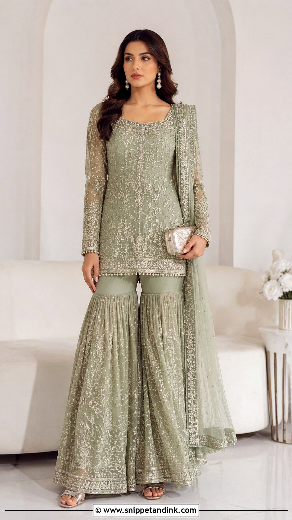 Sage Green Walima Sharara Outfit - Snippet and Ink - 30 Pakistani Wedding Outfits Sisters