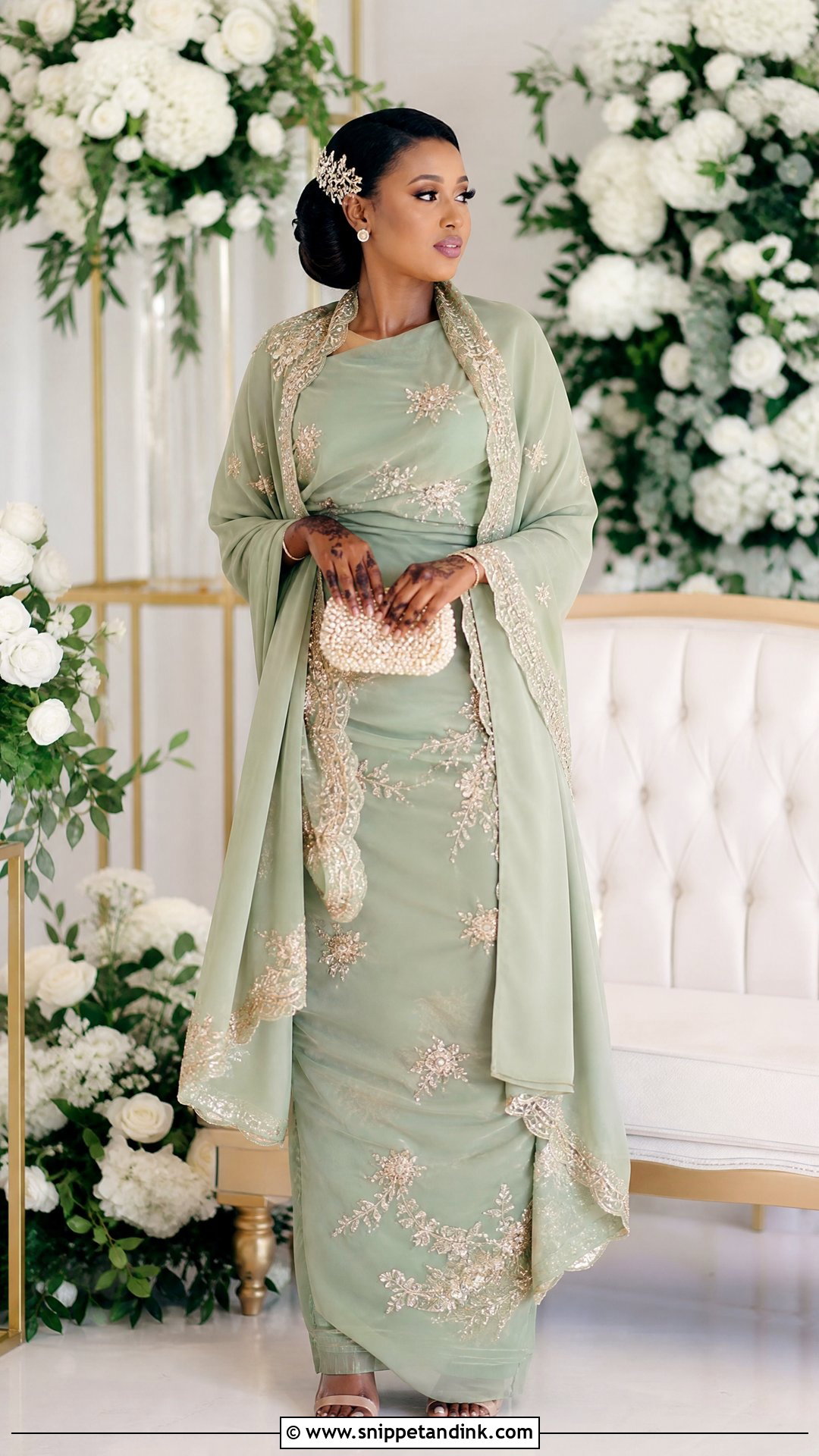 Sage Green Wedding Dirac With Champagne Beading - Snippet and Ink - 20 Wedding Dirac Ideas