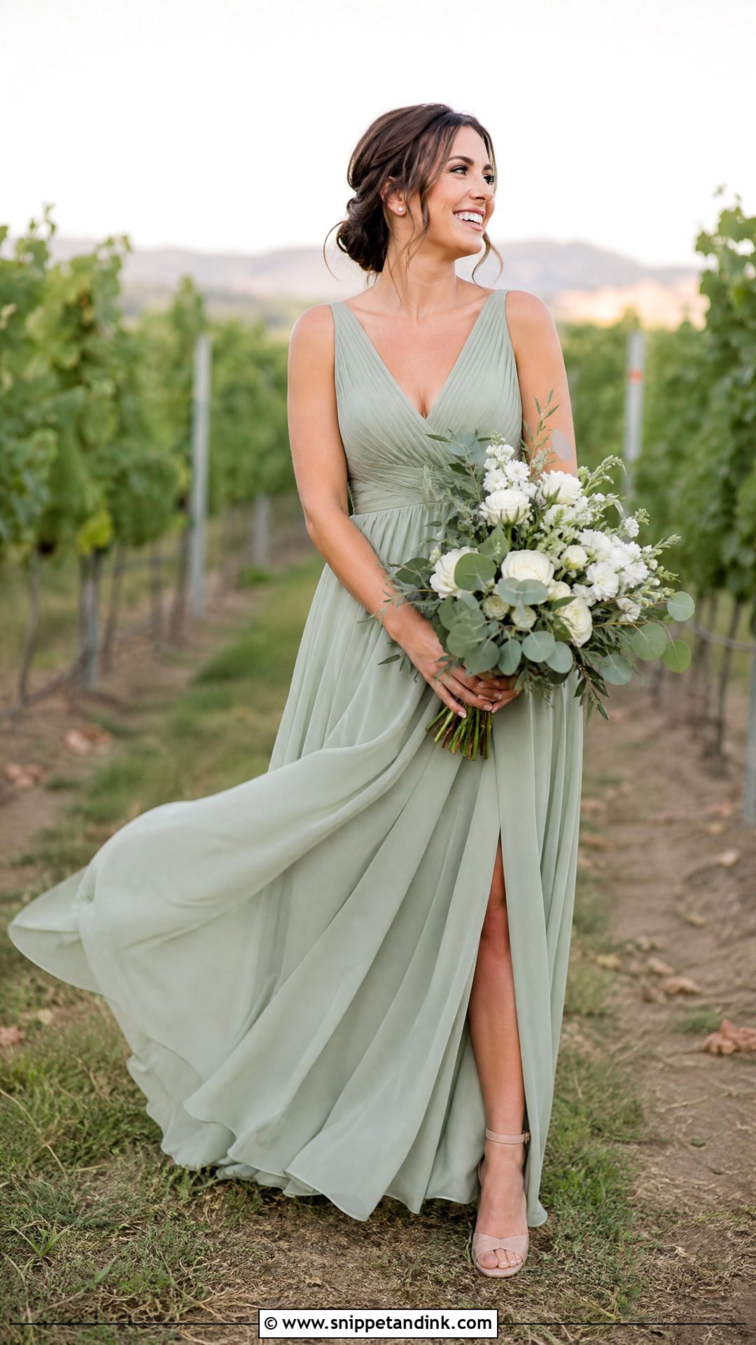 Sage Green Wedding Dress With Botanical Bouquet - Snippet and Ink - 25 Not White Wedding Dress Ideas