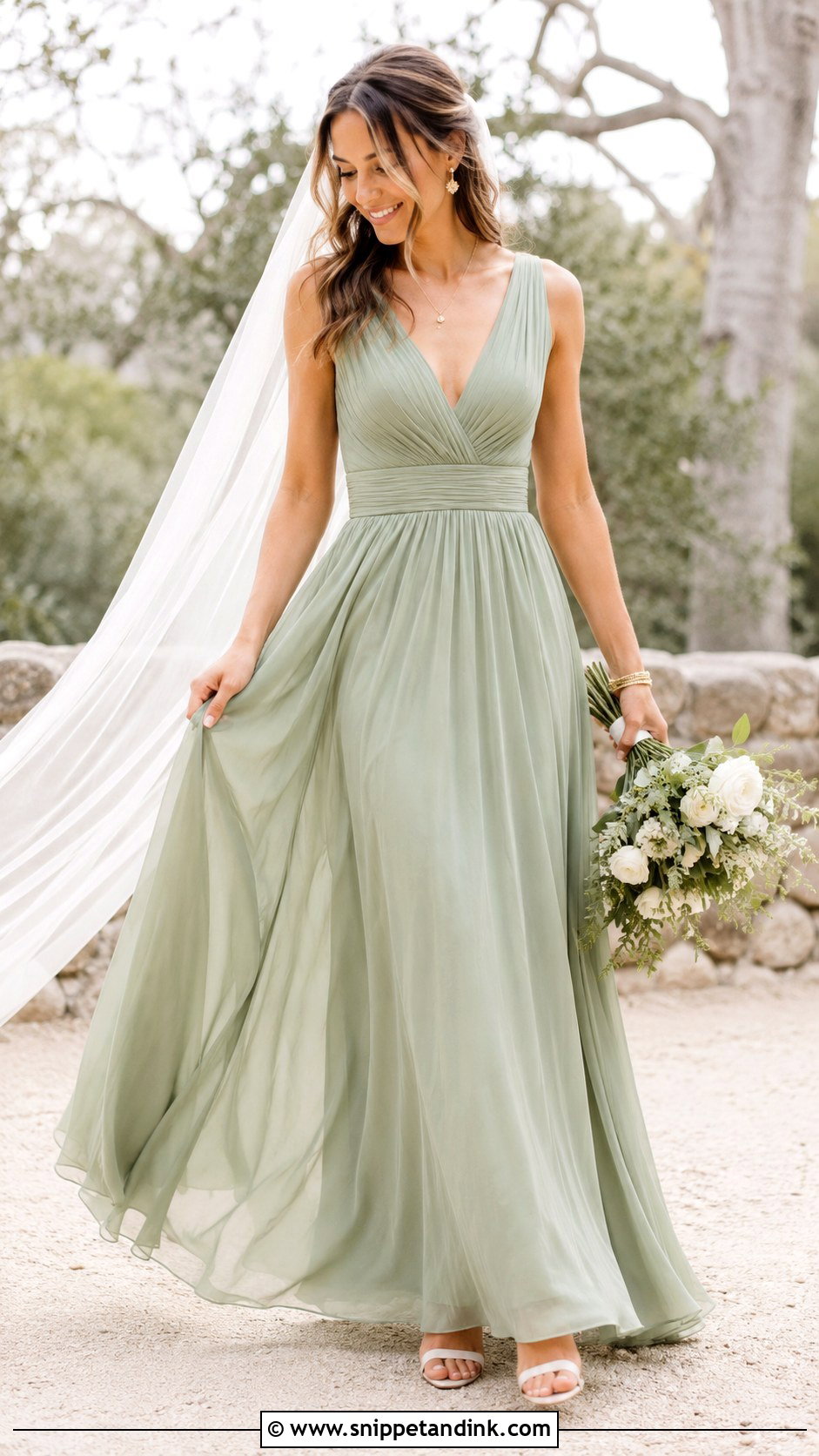 Sage Green Wedding Dress With Ivory Veil - Snippet and Ink - 25 Wedding Dresses with Color