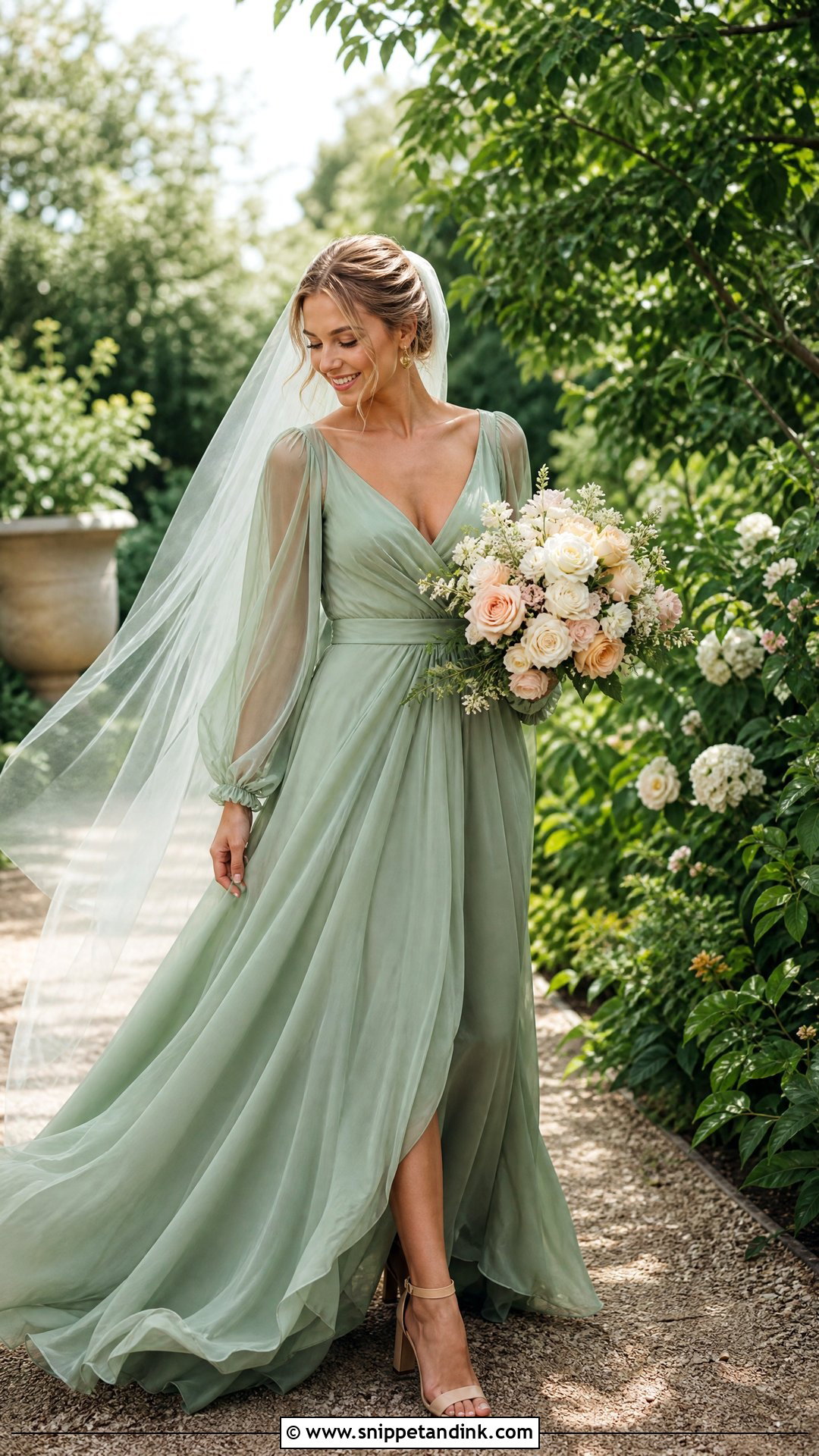 Sage Green Wedding Dress With Neutral Accessories - Snippet and Ink - 20 Nontraditional Wedding Dress Color Ideas