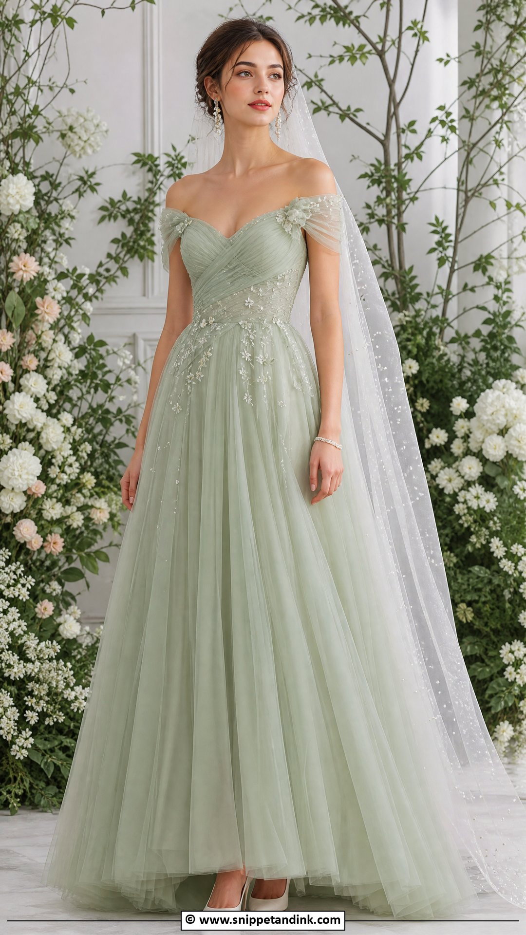 Sage Green Wedding Dress With Pearl Veil - Snippet and Ink - 35 Green Wedding Dress Ideas