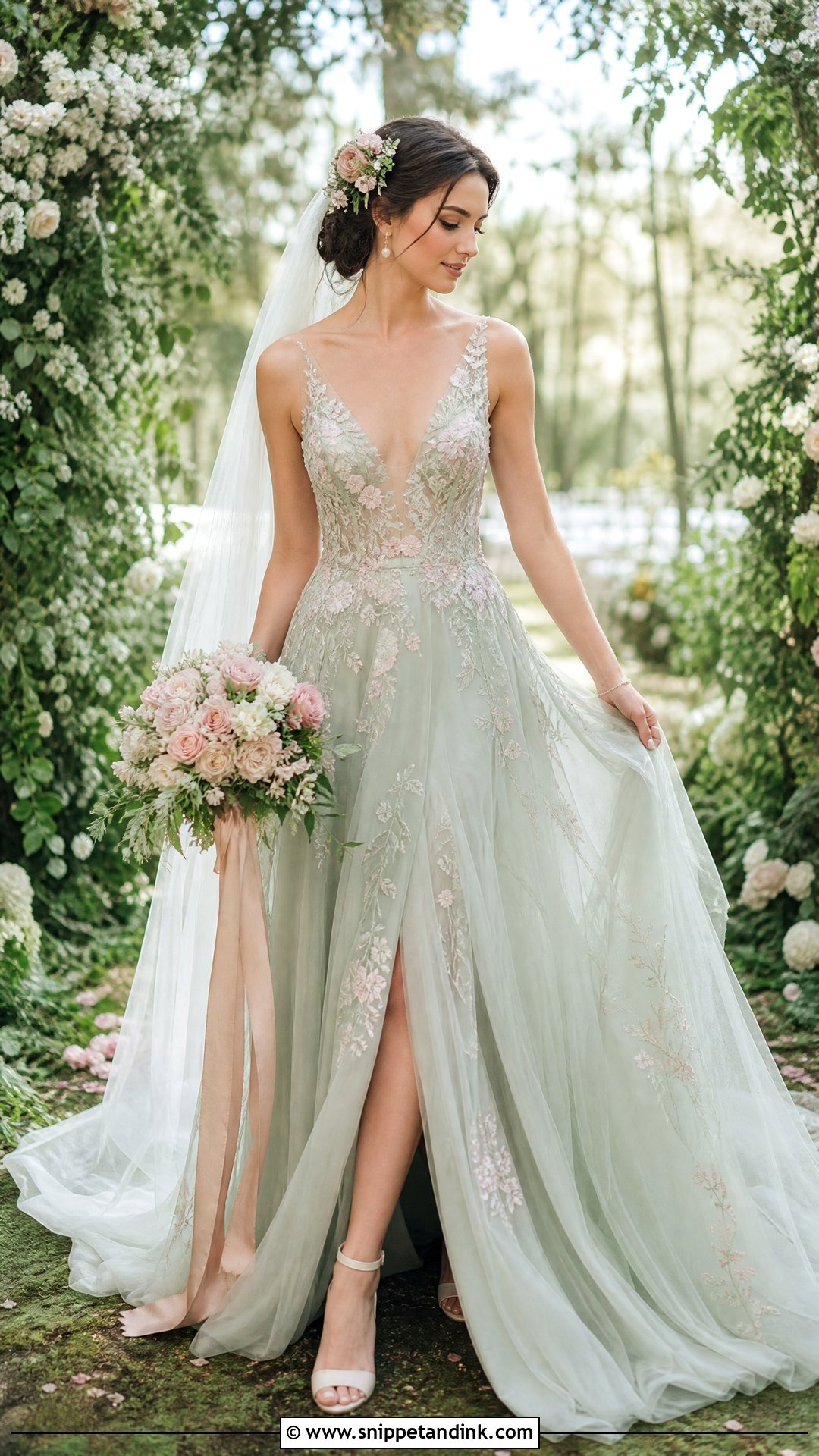 Sage Green Wedding Dress With Pink Flowers - Snippet and Ink - 20 Pink and Green Wedding Dress Ideas
