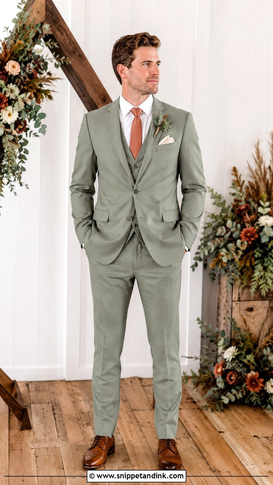 Sage Green Wedding Suit With Terracotta Tie - Snippet and Ink - 25 Sage Green Wedding Suit Ideas