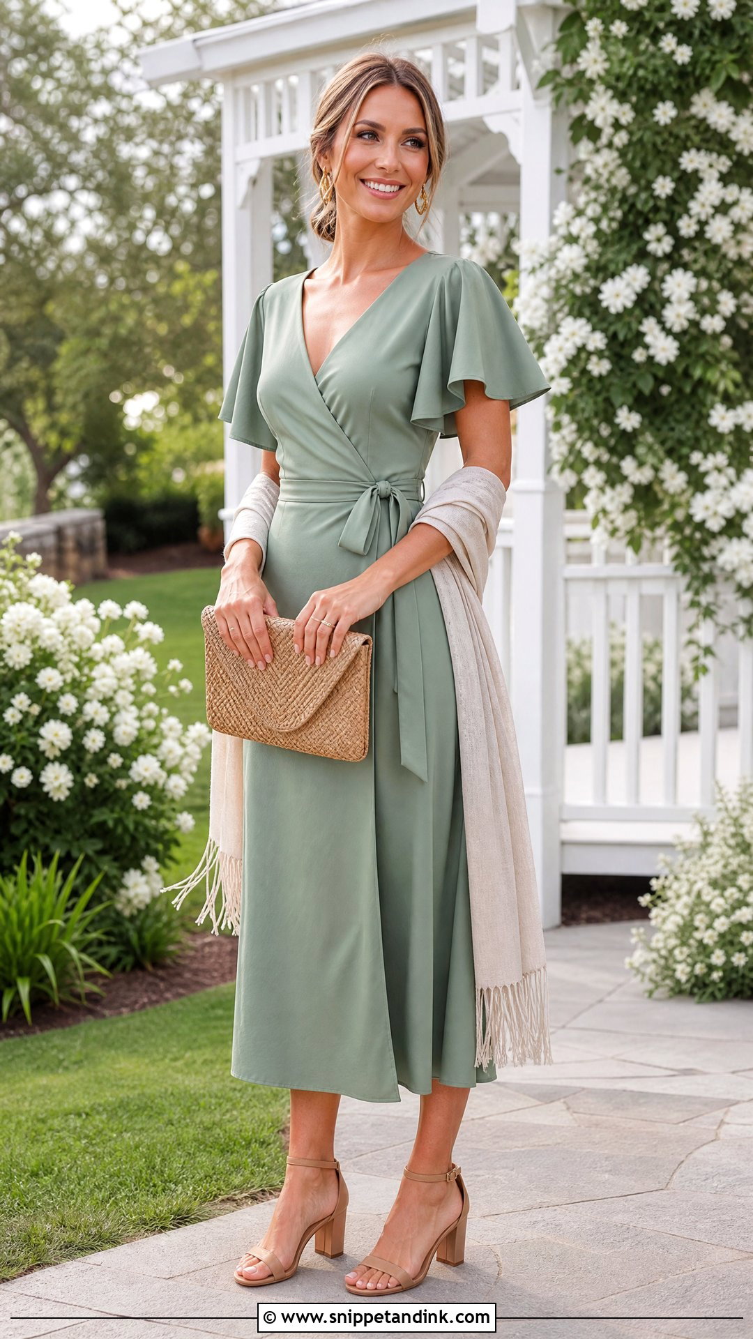 Sage Green Wrap Dress Garden Party Wedding Outfit - Snippet and Ink - 20 Garden Party Wedding Outfit Ideas