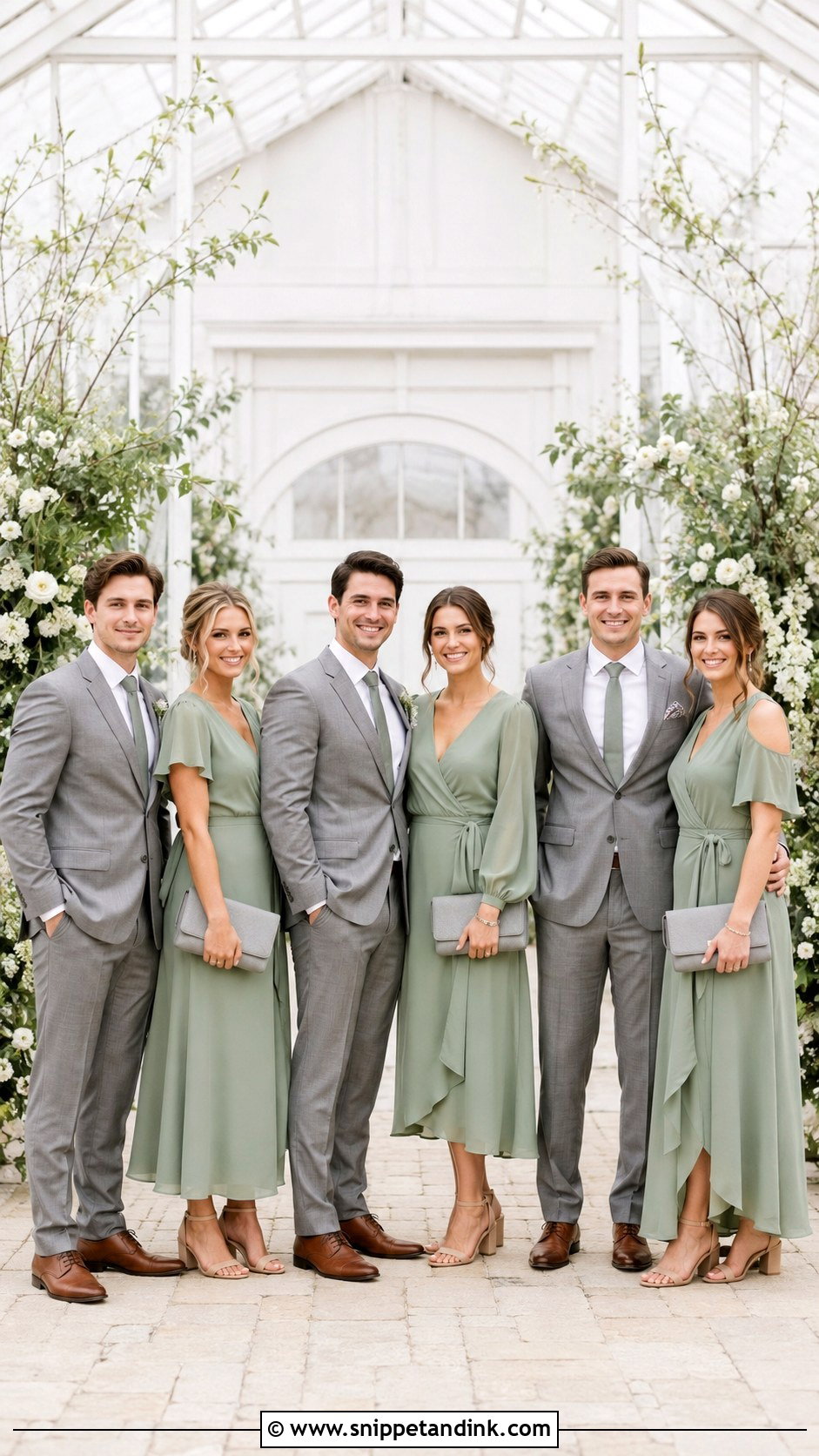 Sage Green Wrap Dresses With Gray Suits - Snippet and Ink - 20 Green Wedding Party Attire Ideas