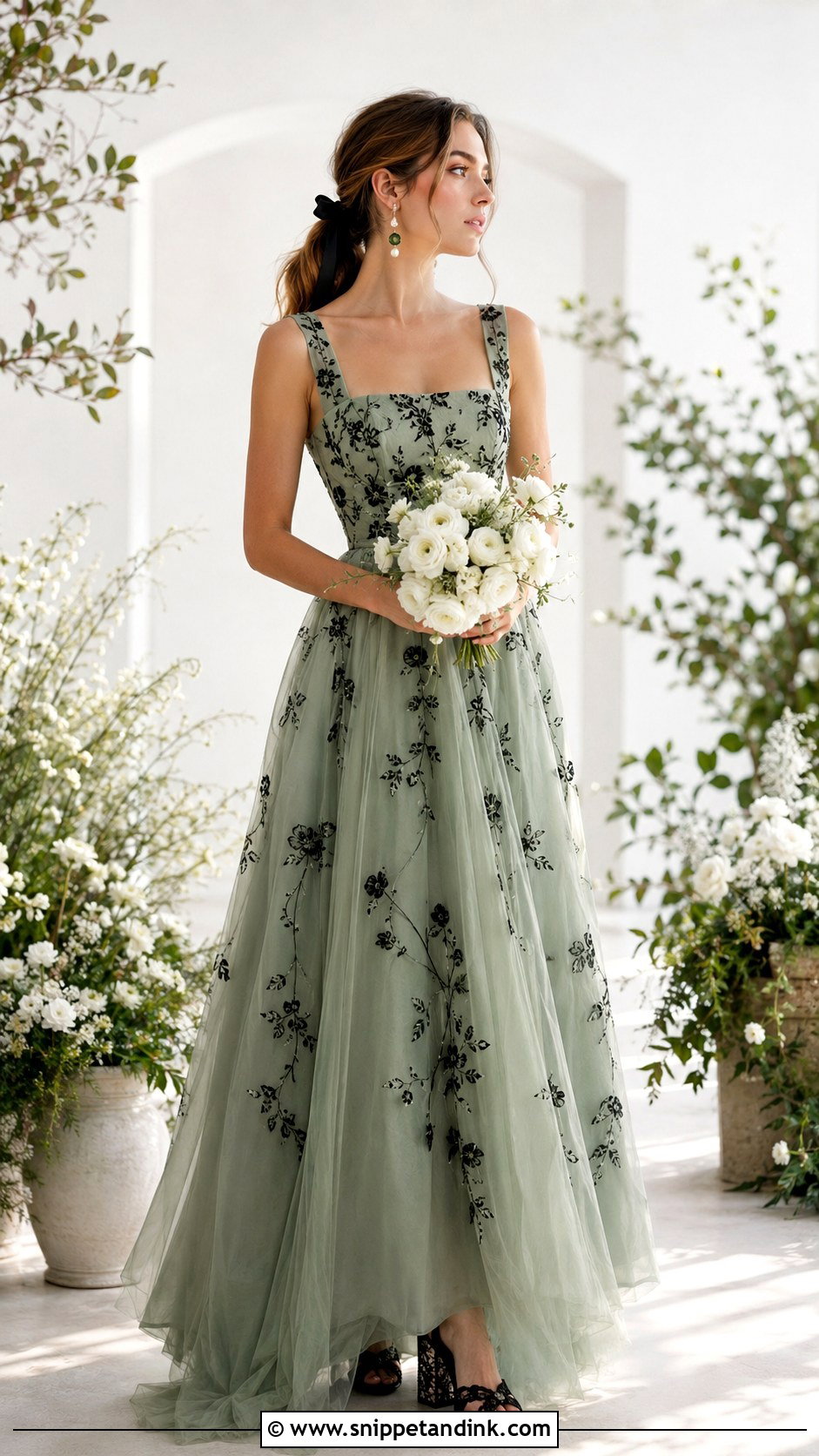 Sage Green and Black Botanical Wedding Dress - Snippet and Ink - 20 Black and Green Wedding Dress Ideas