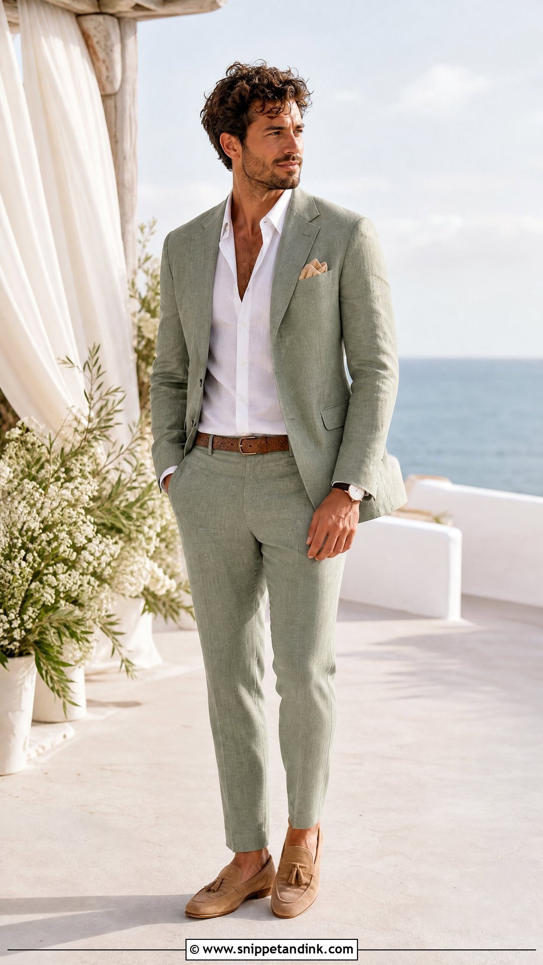 Sage Linen Wedding Suit With Loafers - Snippet and Ink - 20 Sage Wedding Suit Ideas