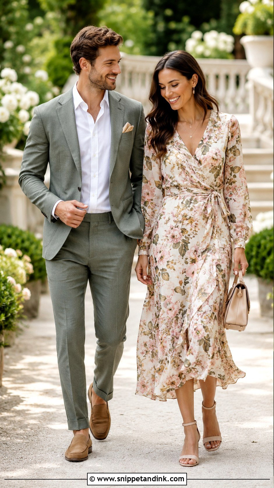 Sage Suit And Floral Midi Dress Couple Wedding Outfit - Snippet and Ink - 20 Couples Wedding Outfits