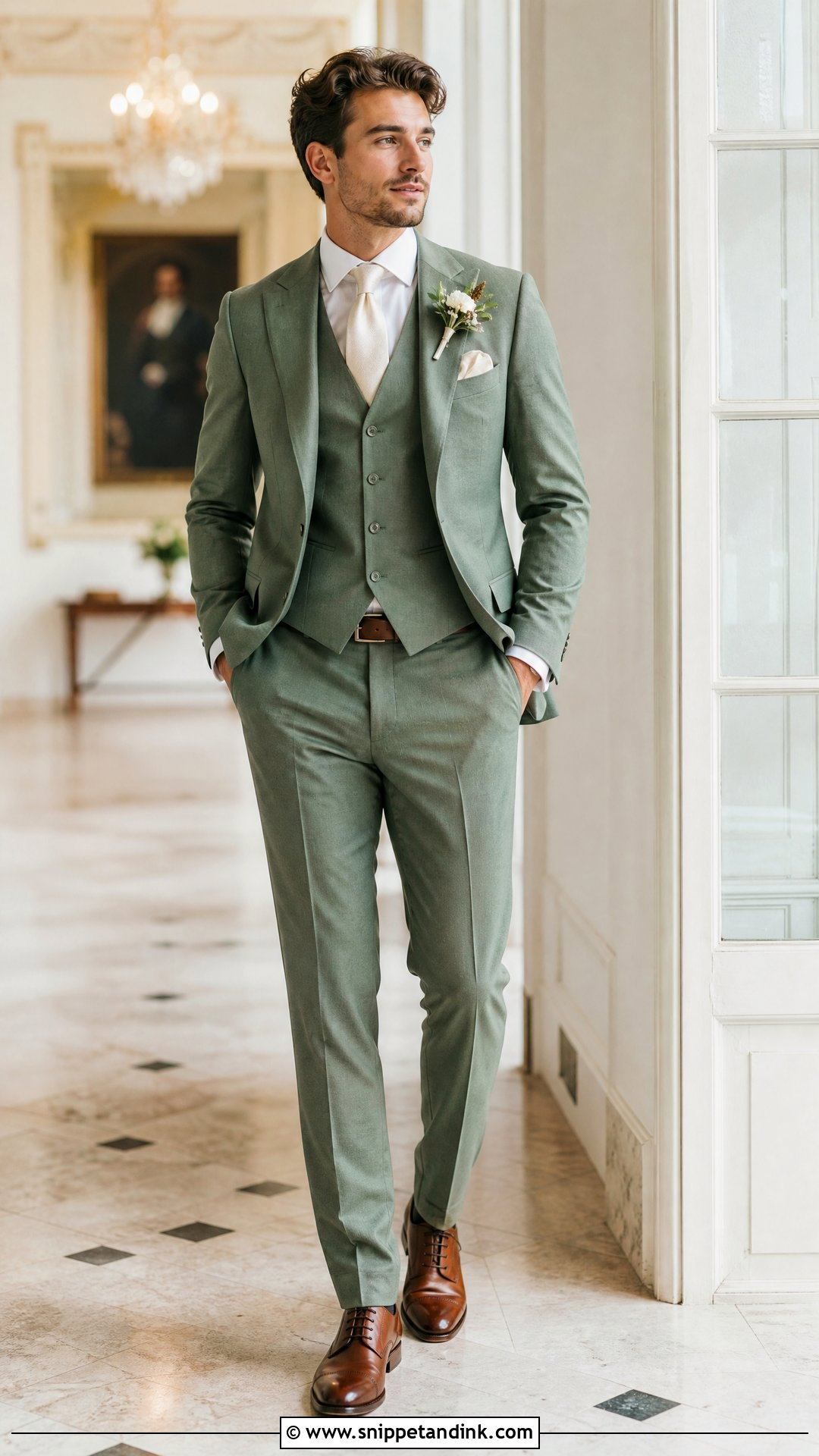 Sage Three Piece Wedding Suit With Ivory Tie - Snippet and Ink - 20 Sage Wedding Suit Ideas