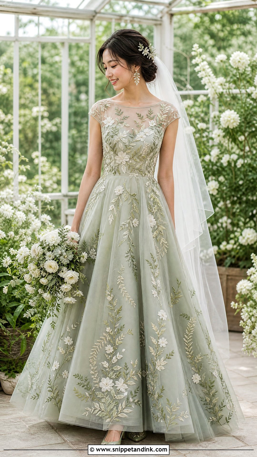 Sage Wedding Dress With Botanical Embroidery - Snippet and Ink - 20 Sage Wedding Dress Ideas