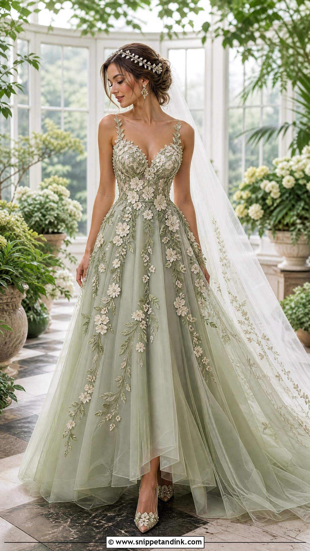Sage Wedding Dress With Floral Appliques - Snippet and Ink - 20 Sage Wedding Dress Ideas