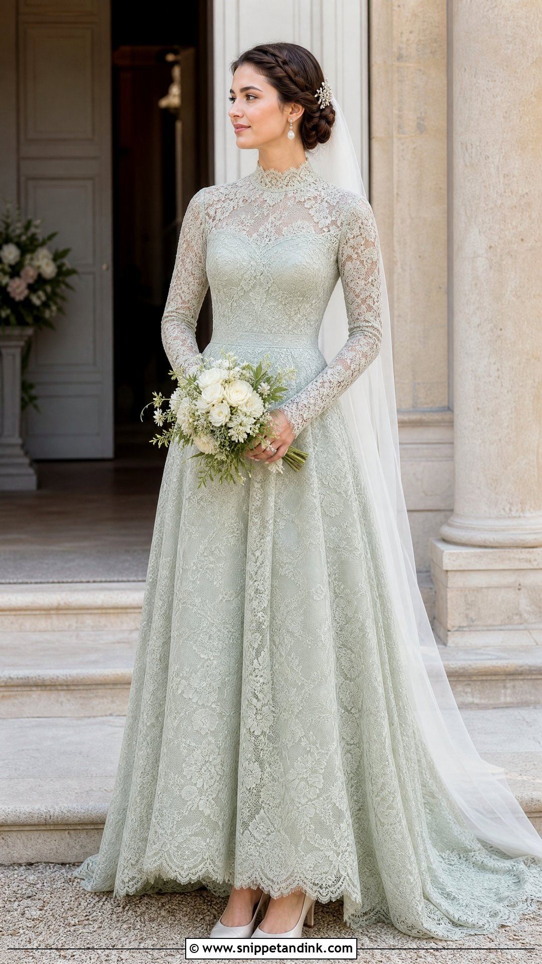 Sage Wedding Dress With High Neck Lace - Snippet and Ink - 20 Sage Wedding Dress Ideas