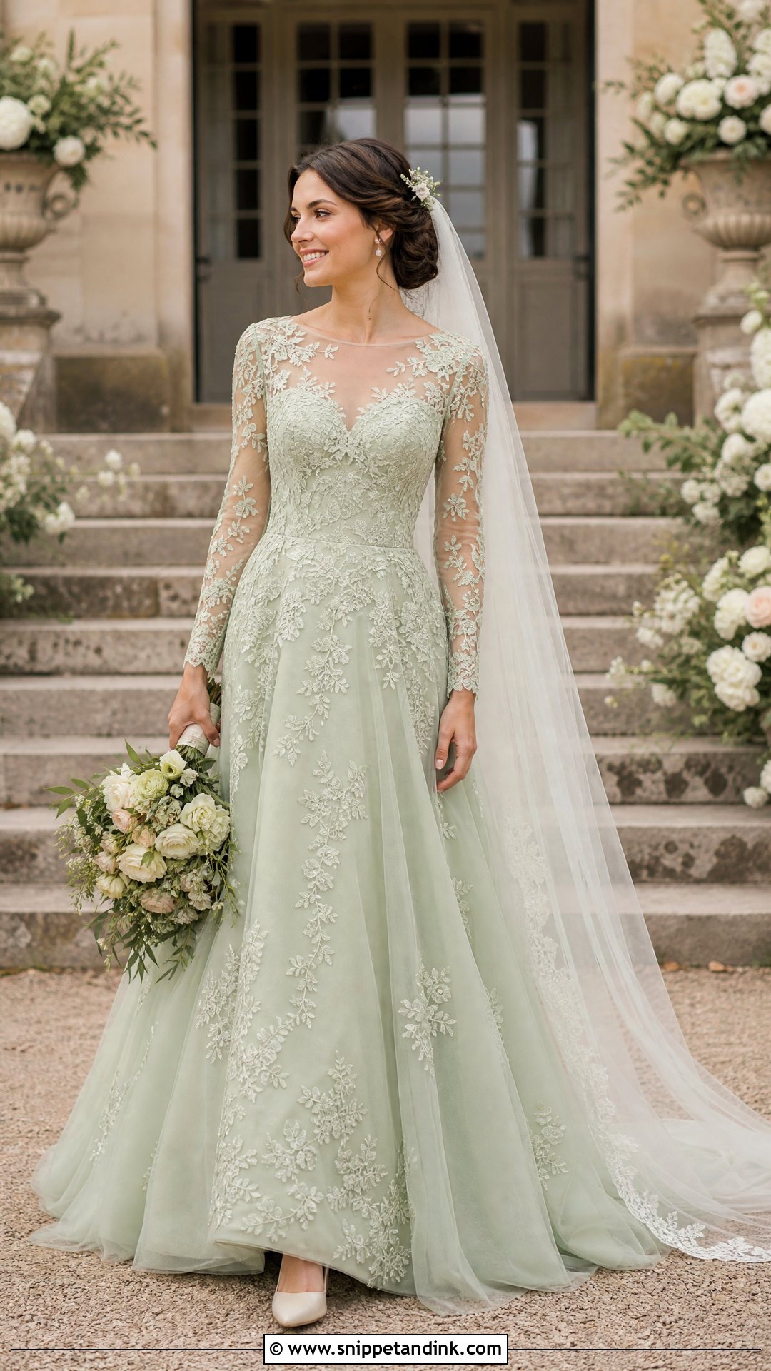 Sage Wedding Dress With Long Lace Sleeves - Snippet and Ink - 20 Sage Wedding Dress Ideas