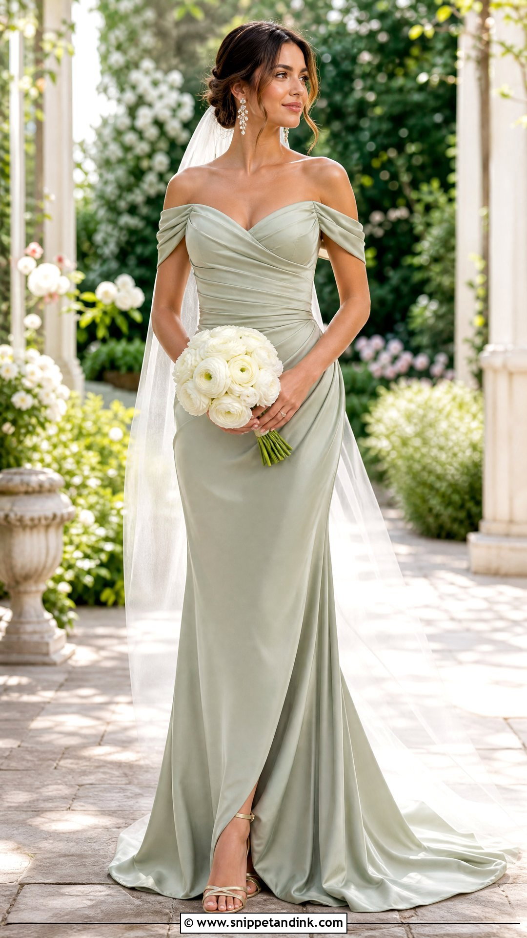 Sage Wedding Dress With Off the Shoulder Neckline - Snippet and Ink - 20 Sage Wedding Dress Ideas